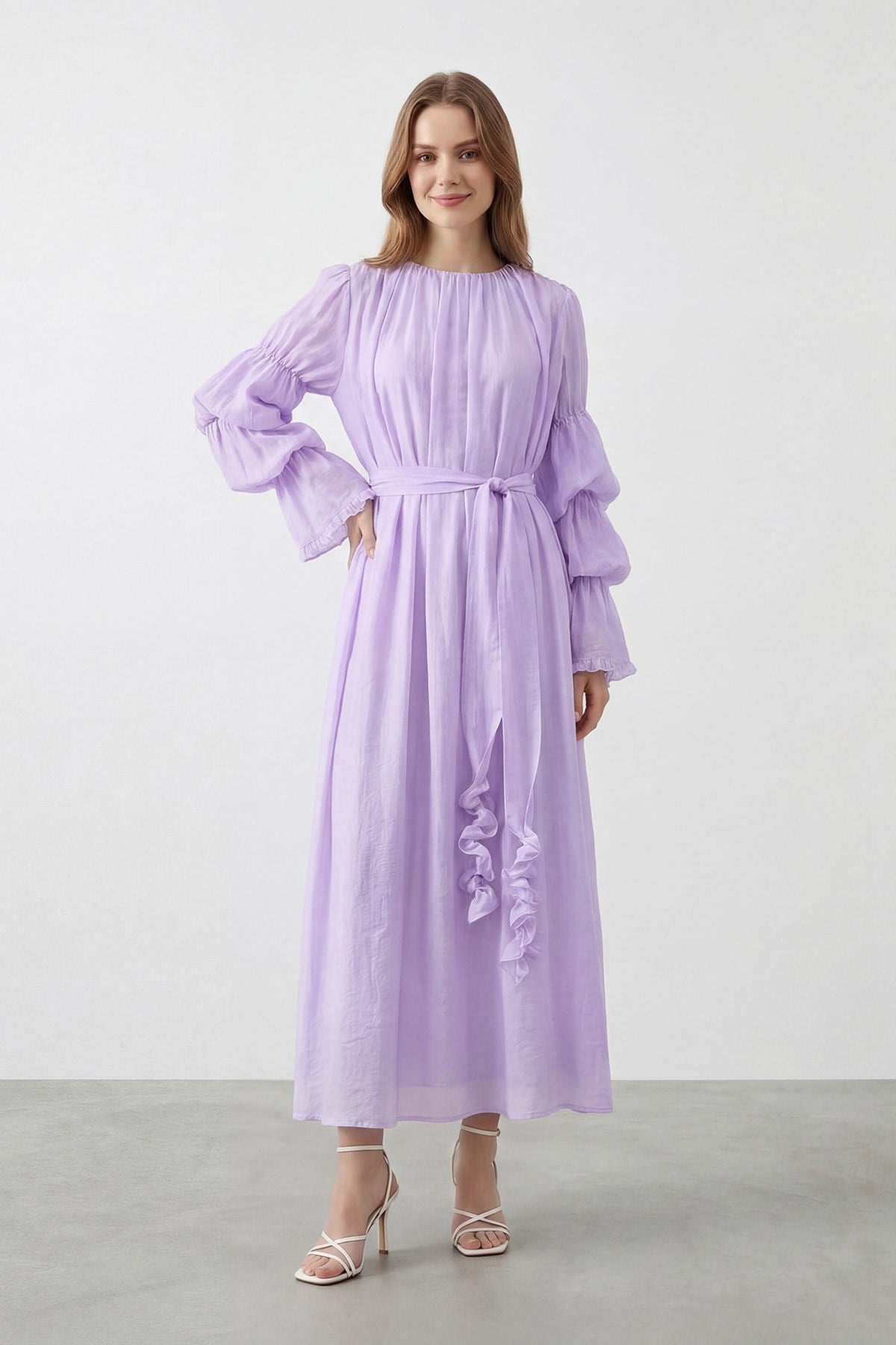 Kadın Kol Volan Detaylı   Kuşaklı Elbise – 32474ELB - LILA