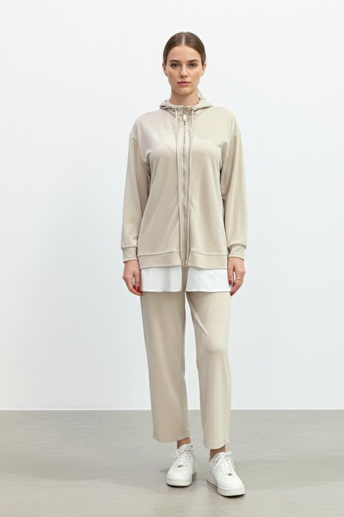 Kadın Kapüşonlu Fermuarlı Tunik Pantolon Takımı-14427 - BEIGE