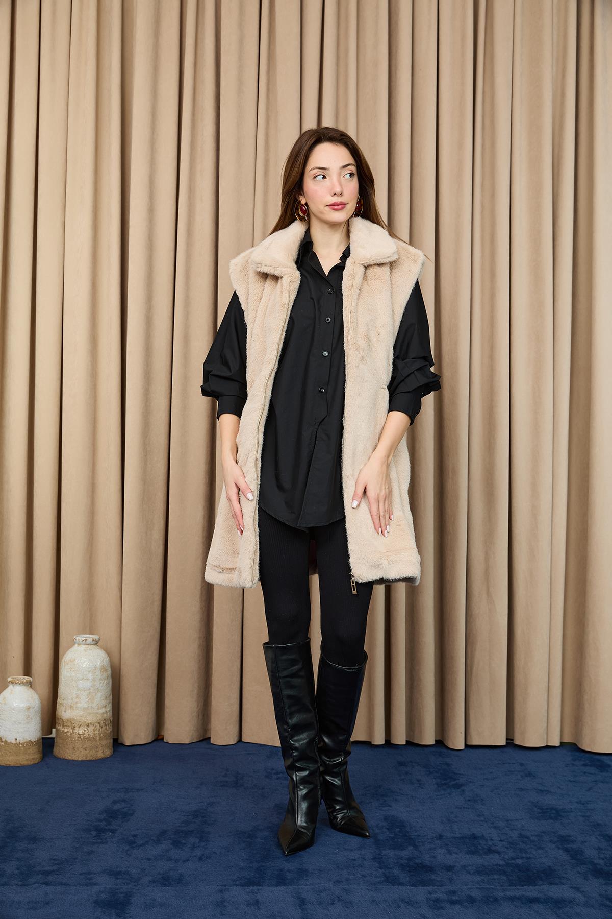 Kadın Kapüşonlu Beli Lastikli Peluş Yelek - 15235YLK - BEIGE