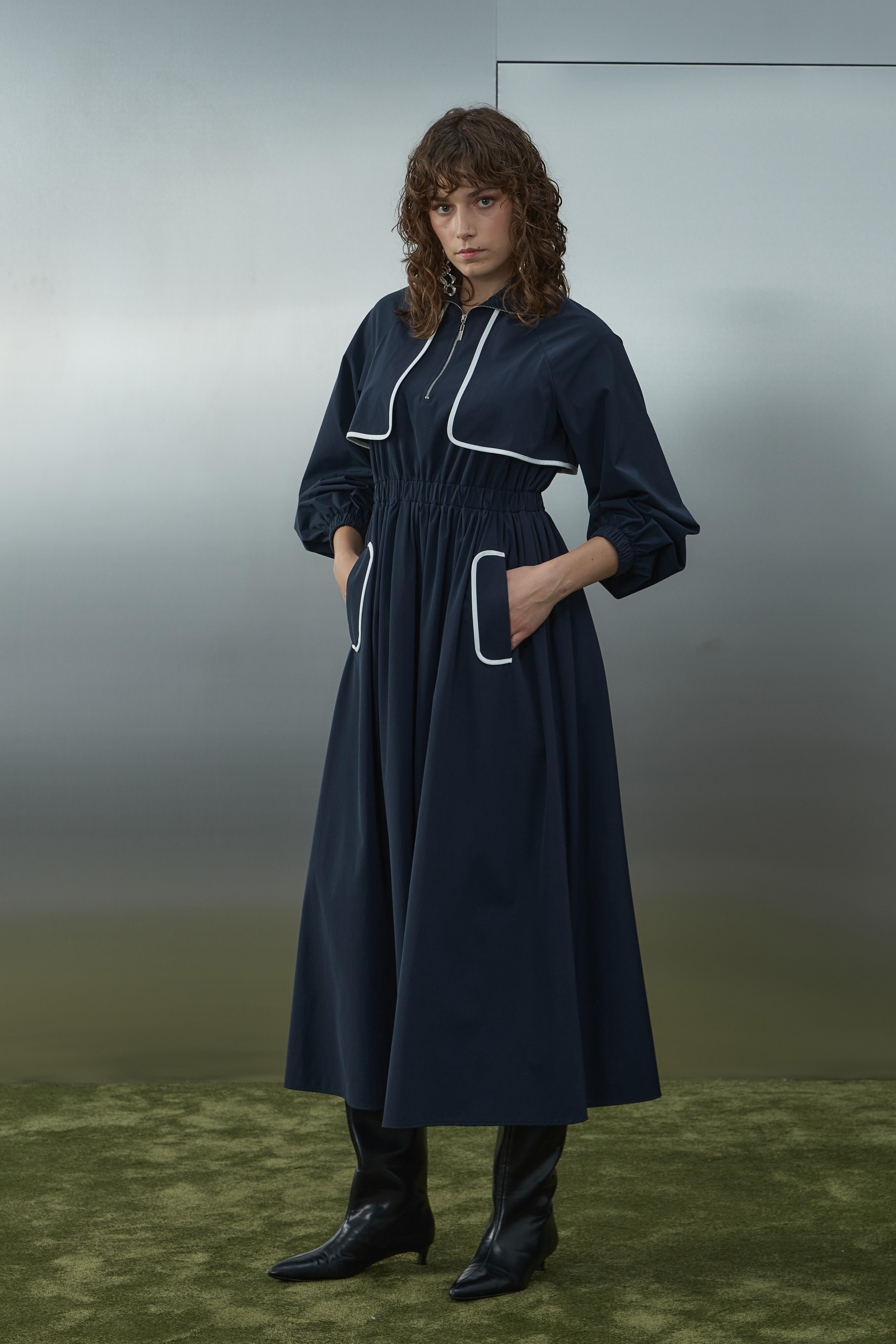 Kadın Biye Detaylı Bel Lastikli Elbise  -  32417ELB - NAVY