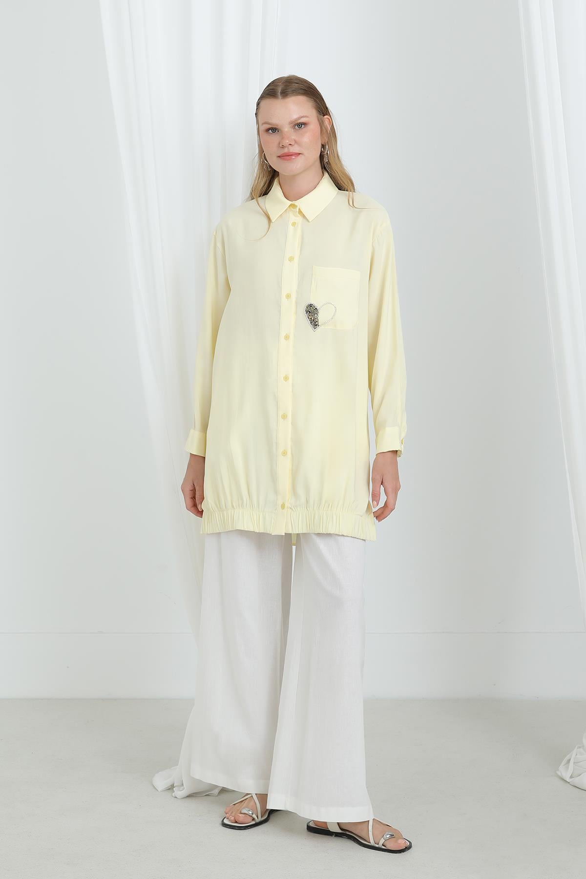 Kadın Cep kısmı Kalpli Nakış Detaylı Tunik - 10633TUN - YELLOW