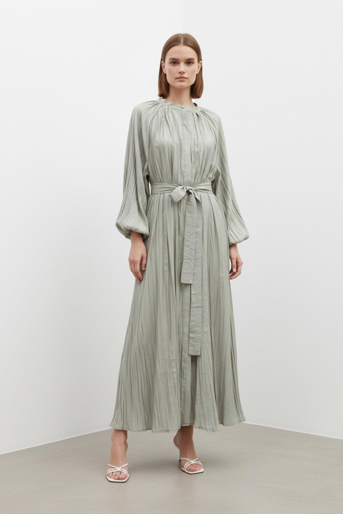 Kadın Yakası Pile Detaylı Kuşaklı Elbise - 12618ELB - MINT