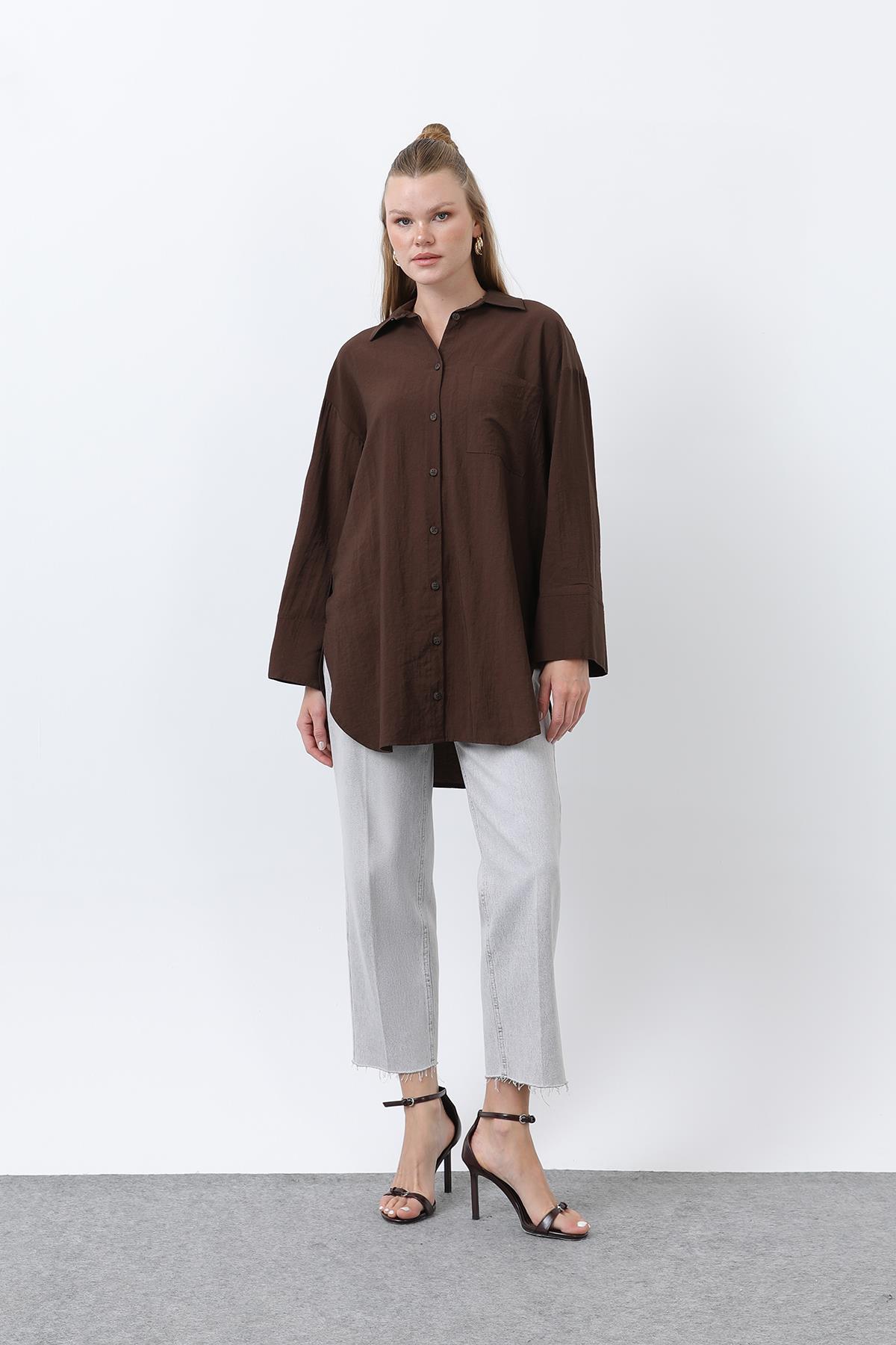 Kadın Arkası Katlı Büzgülü Gömlek - 10688GML - BROWN
