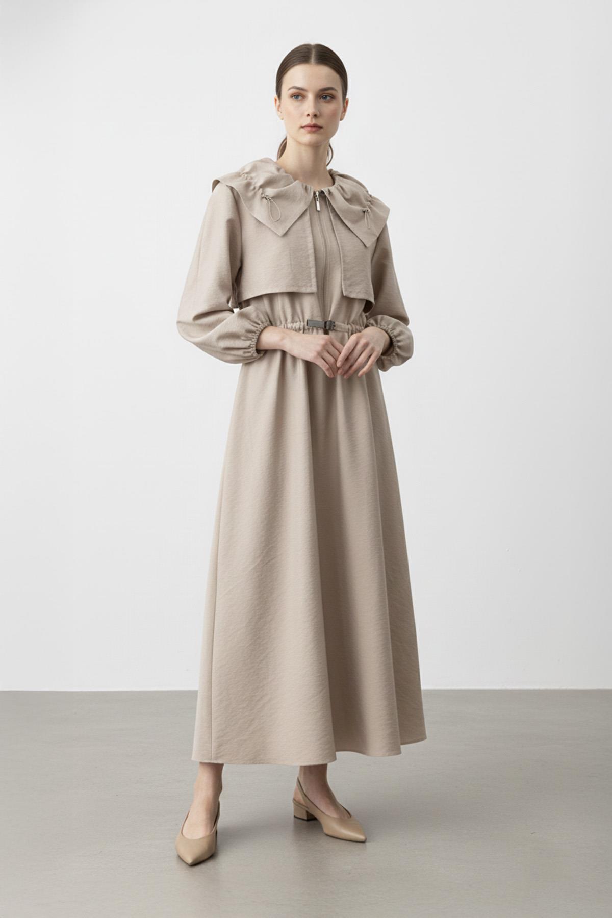 Kadın Fermuarlı Belden Kemerli Uzun Elbise-32451 - STONE