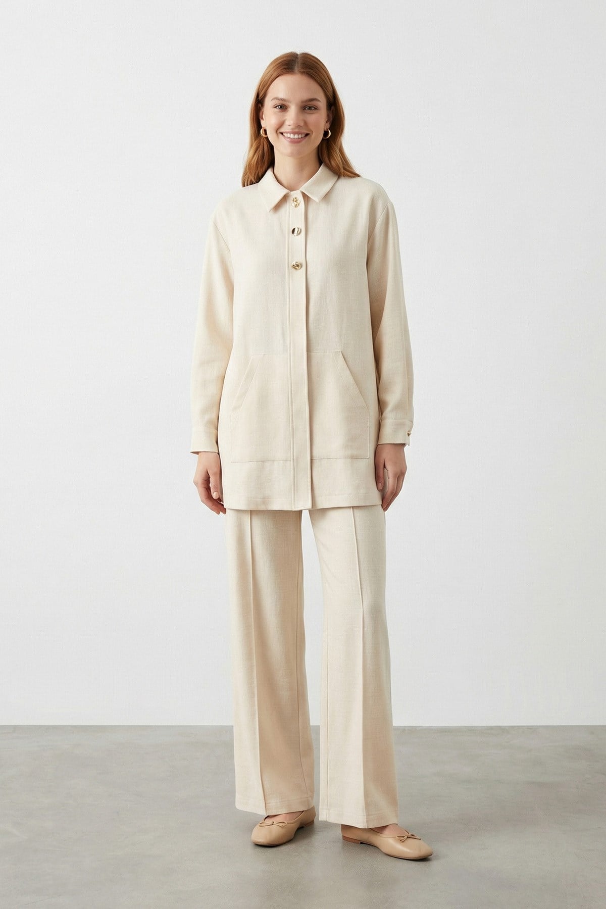 Kadın %100 Pamuklu Rahat Kesim Pantolon Takım - 20741TKS - BEIGE