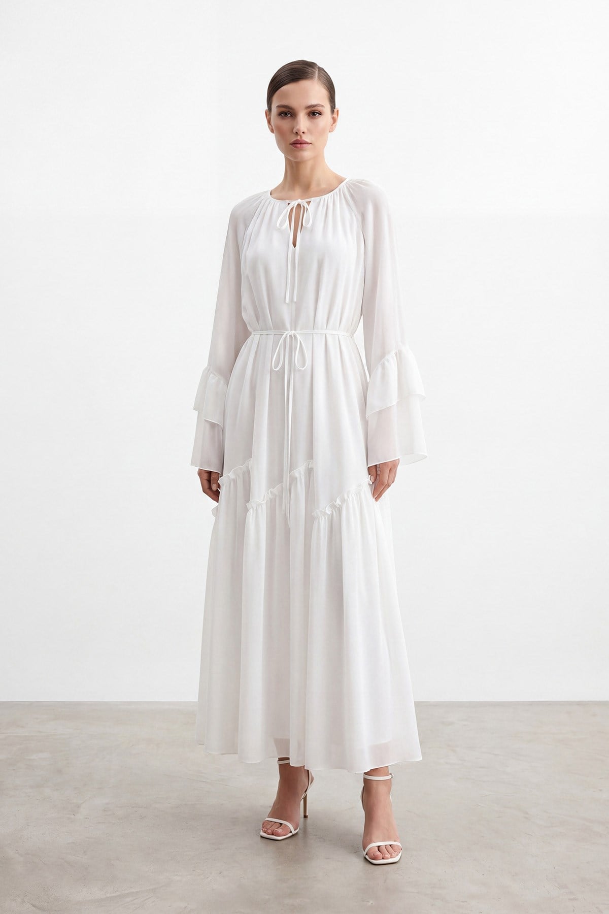 Kadın Bağcık Detaylı Volan Kol Uzun Elbise – 26S-12694ELB - ECRU