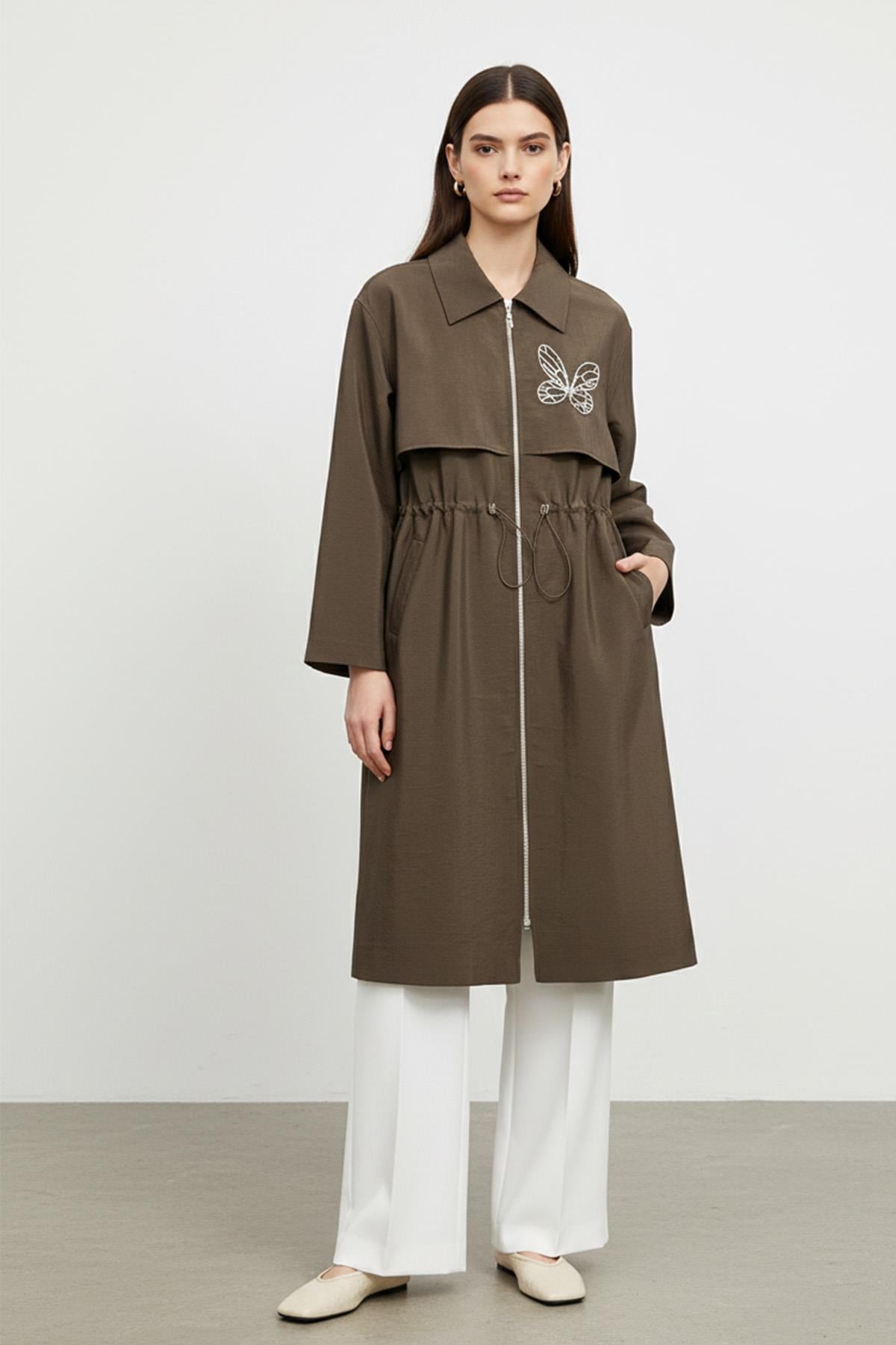 Kadın Fermuarlı Bel Büzgülü Uzun kap-15257 - BROWN