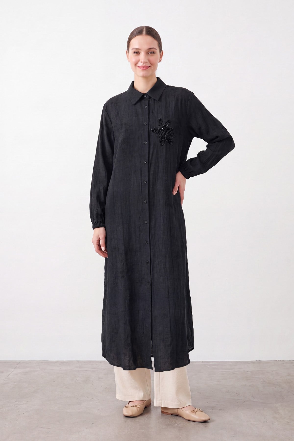 Kadın Taş Detaylı Uzun Gömlek Tunik- 10799TUN - BLACK