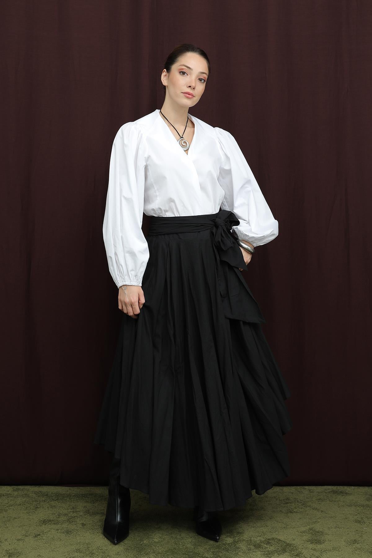 Kadın Bel Kuşaklı Asimetrik Kesim Etek  -  32420ETK - BLACK