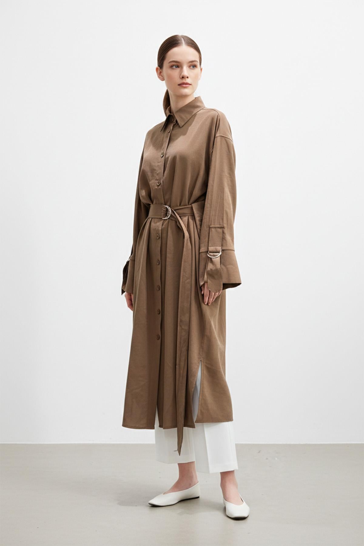 Kadın Uzun Düğmeli Kemerli Gömlek -10753 - BROWN