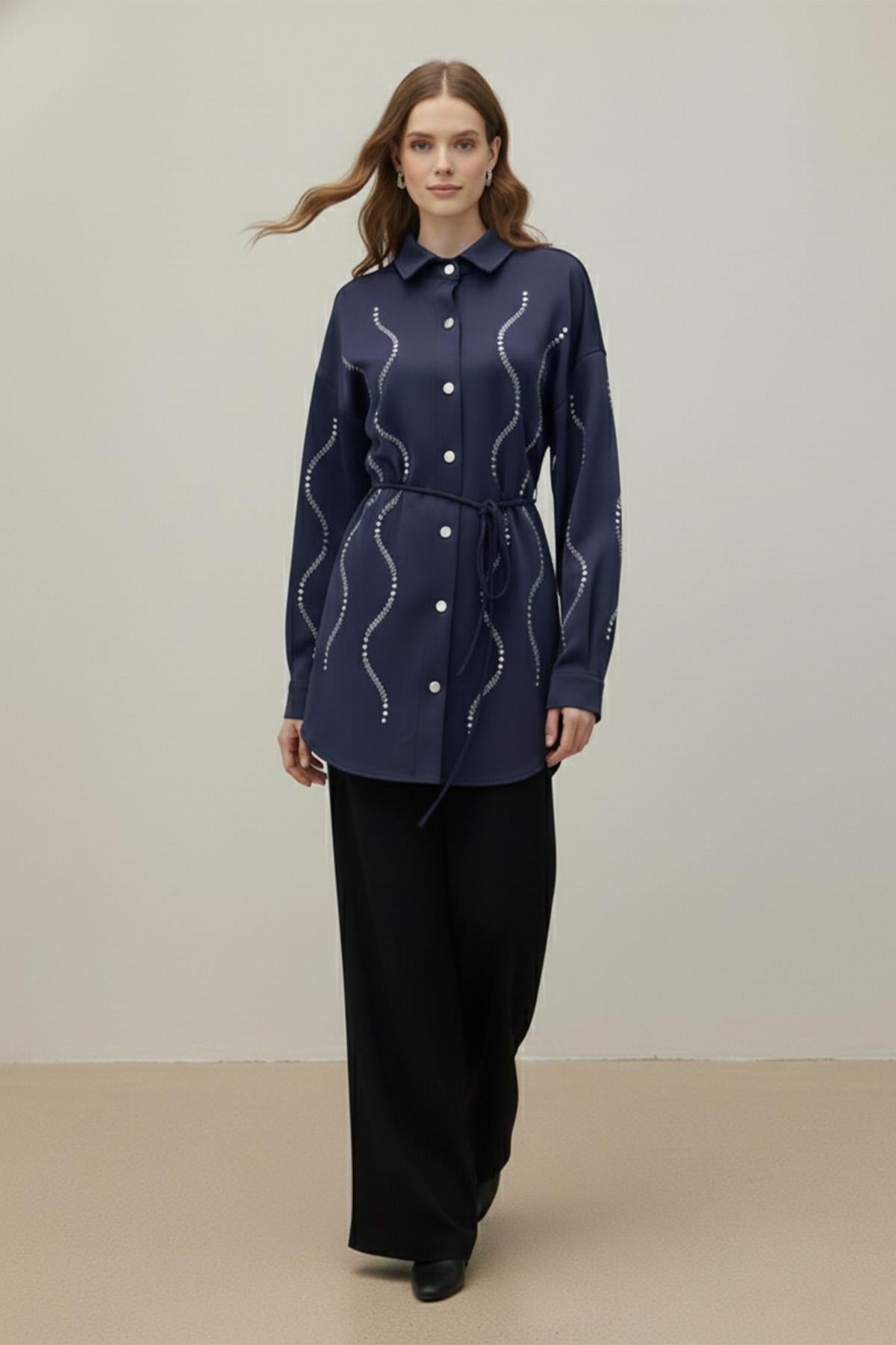 Kadın Taş Detaylı Scuba Gömlek - 20704GML - NAVY