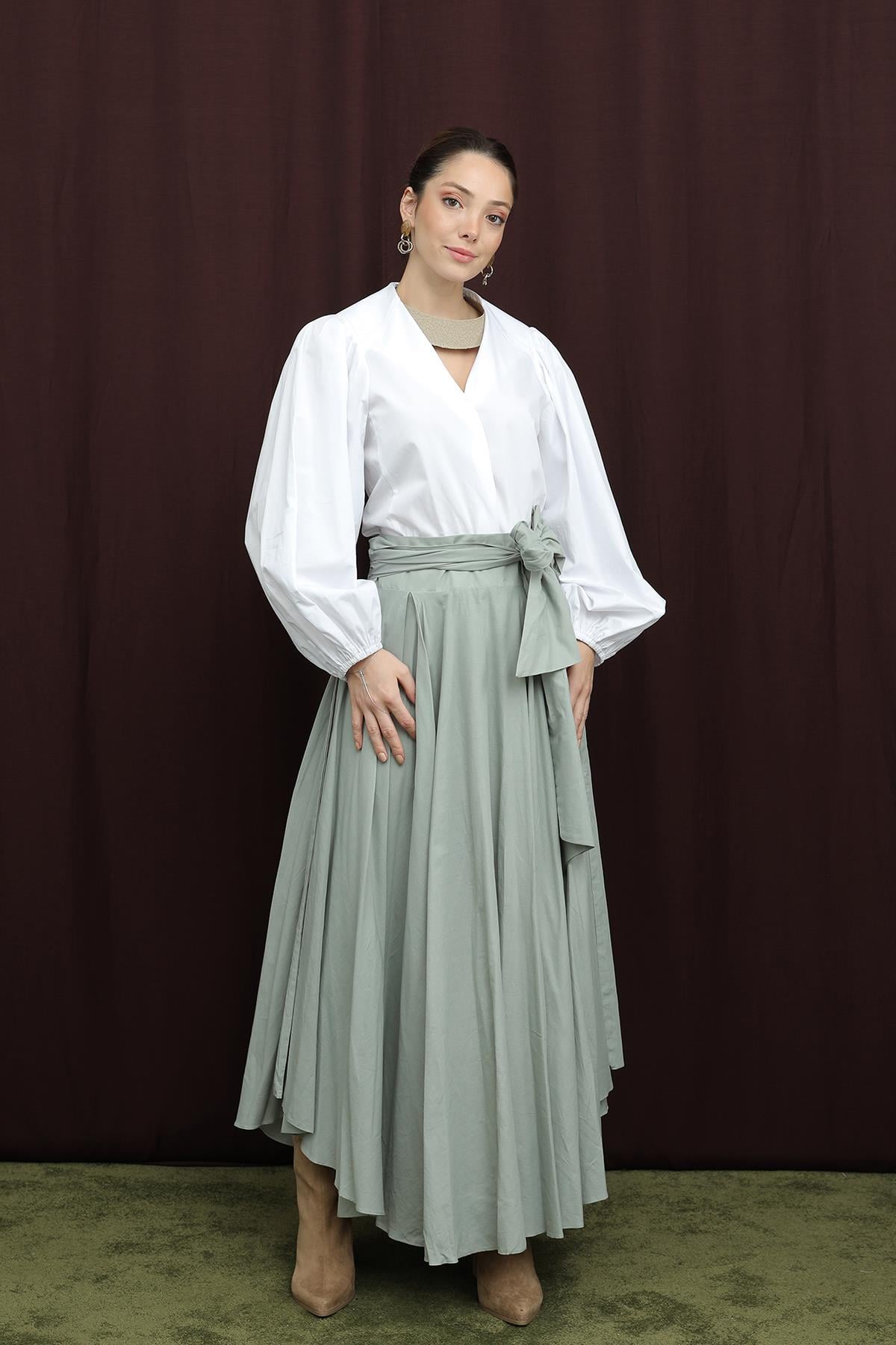 Kadın Bel Kuşaklı Asimetrik Kesim Etek  -  32420ETK - ALMOND GREEN
