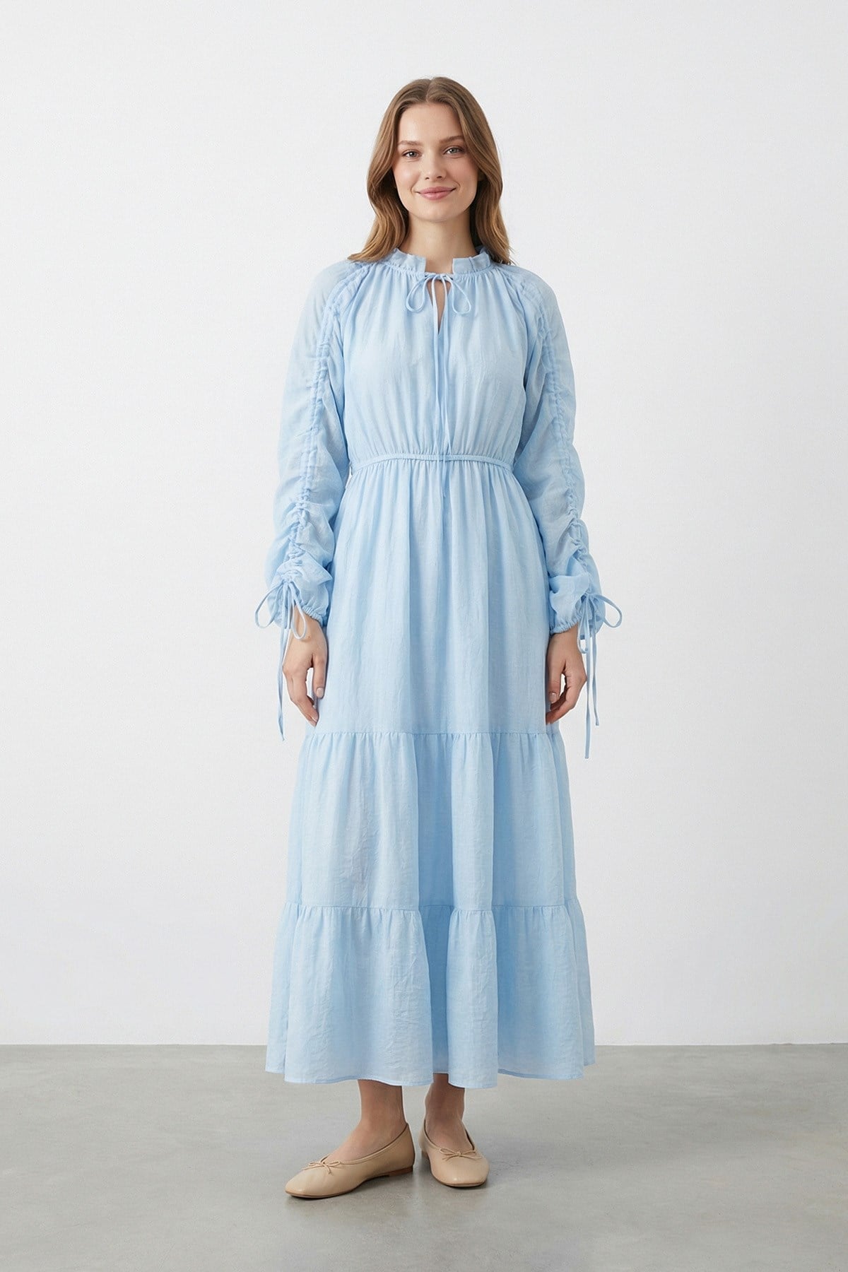 Kadın Büzgü Kol Detaylı  Uzun Elbise – 32464ELB - BLUE