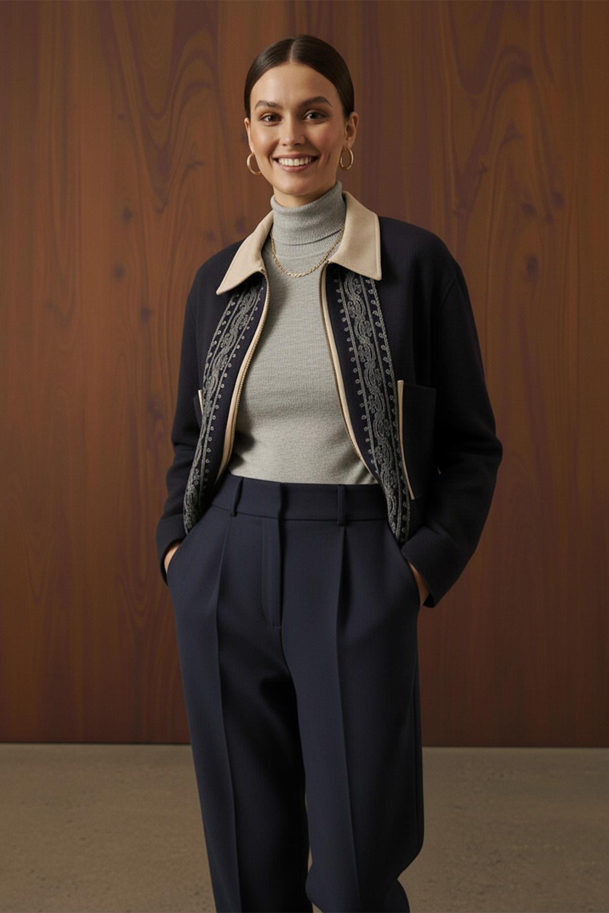 Kadın Nakış Detaylı Kısa Ceket - 20719CKT - NAVY-BEIGE