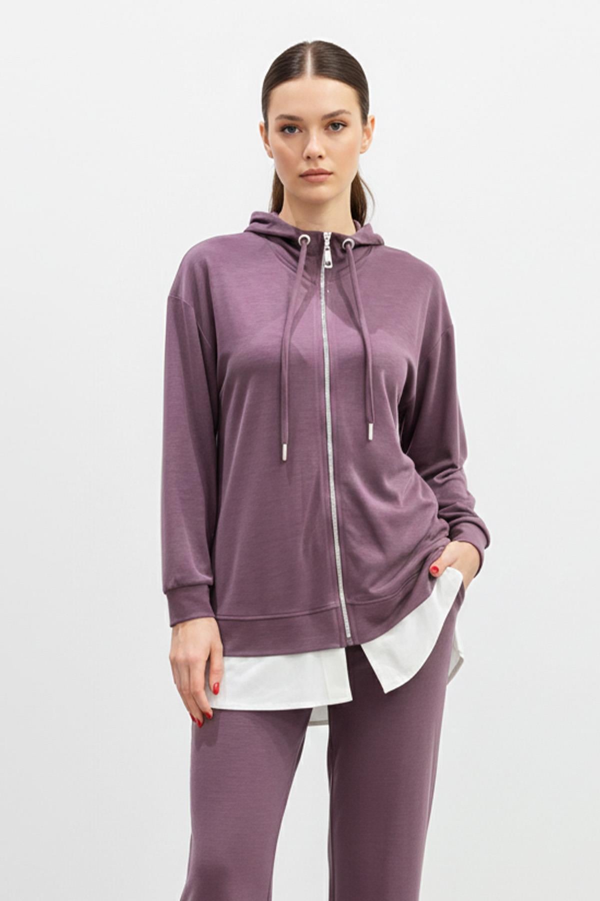 Kadın Kapüşonlu Fermuarlı Tunik Pantolon Takımı-14427 - DAMSON