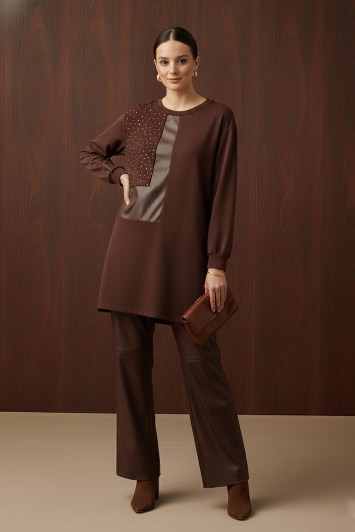 Kadın Taş Detaylı Asimetrik Tunik - 10738TUN - BROWN
