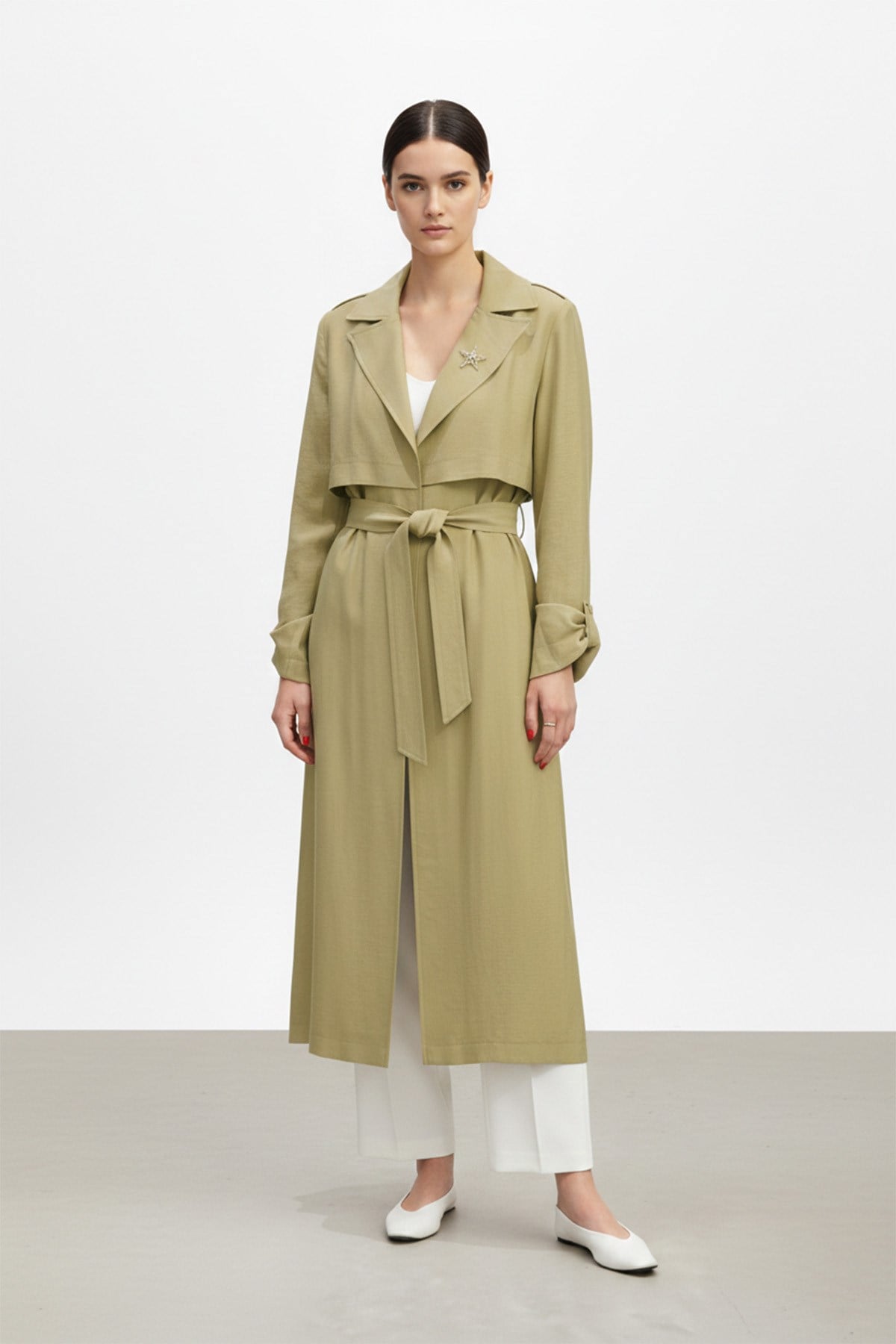 Kadın  Broş Detaylı Kemerli Midi Boy Trençkot-15250TRC - OLIVE