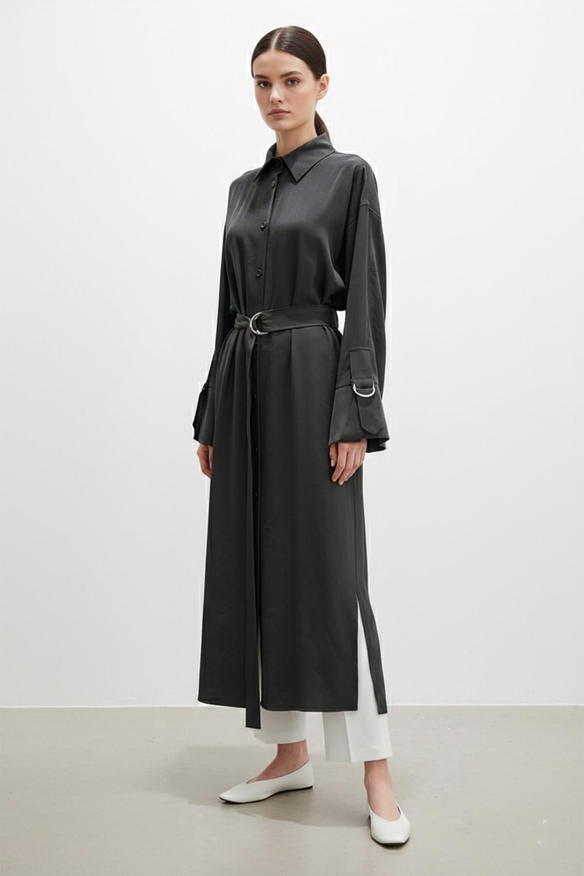 Kadın Uzun Düğmeli Kemerli Gömlek -10753 - BLACK