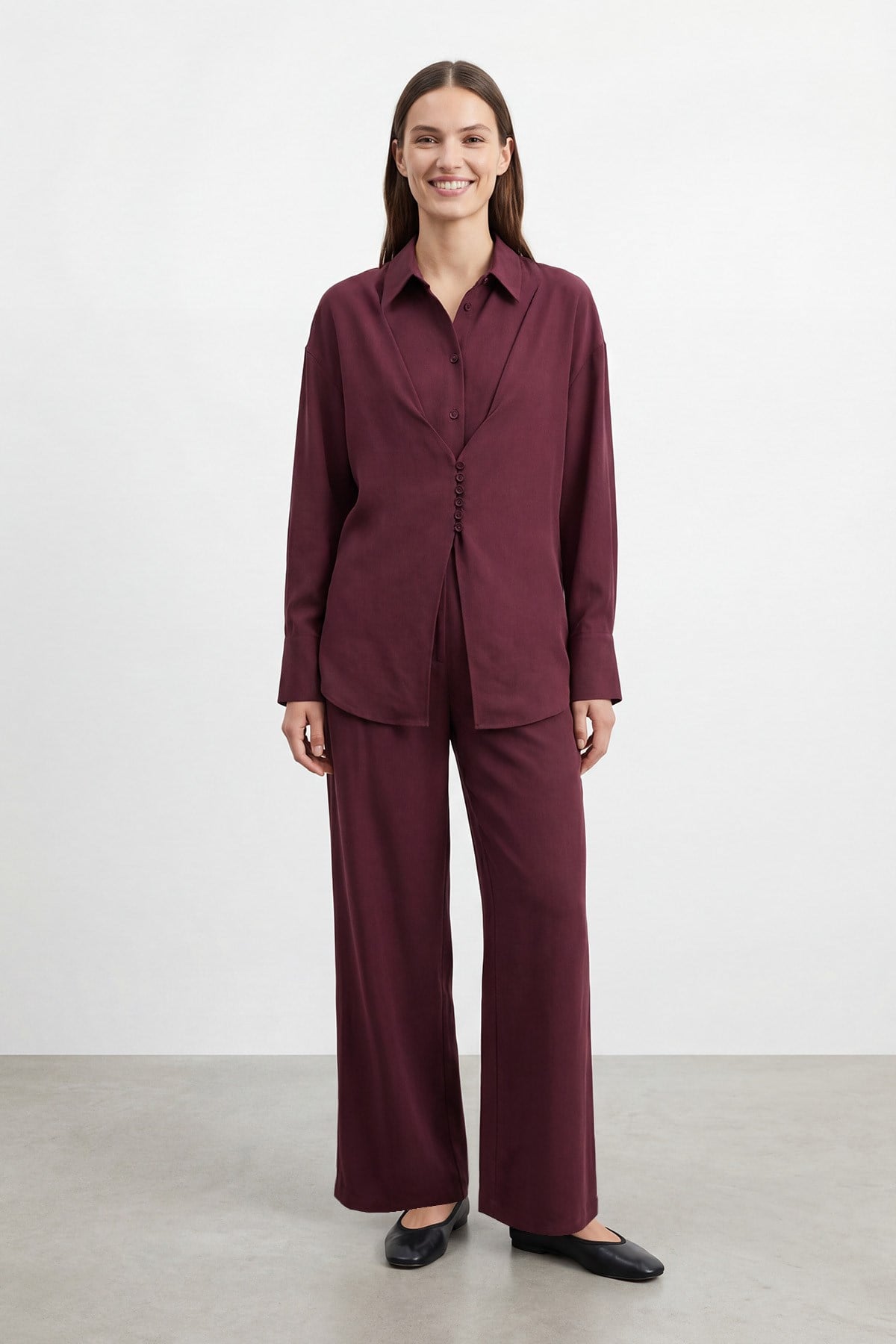 Kadın Gömlek Yaka Rahat Kesim Tunik Pantolon Takım – 32493TKS - BURGUNDY