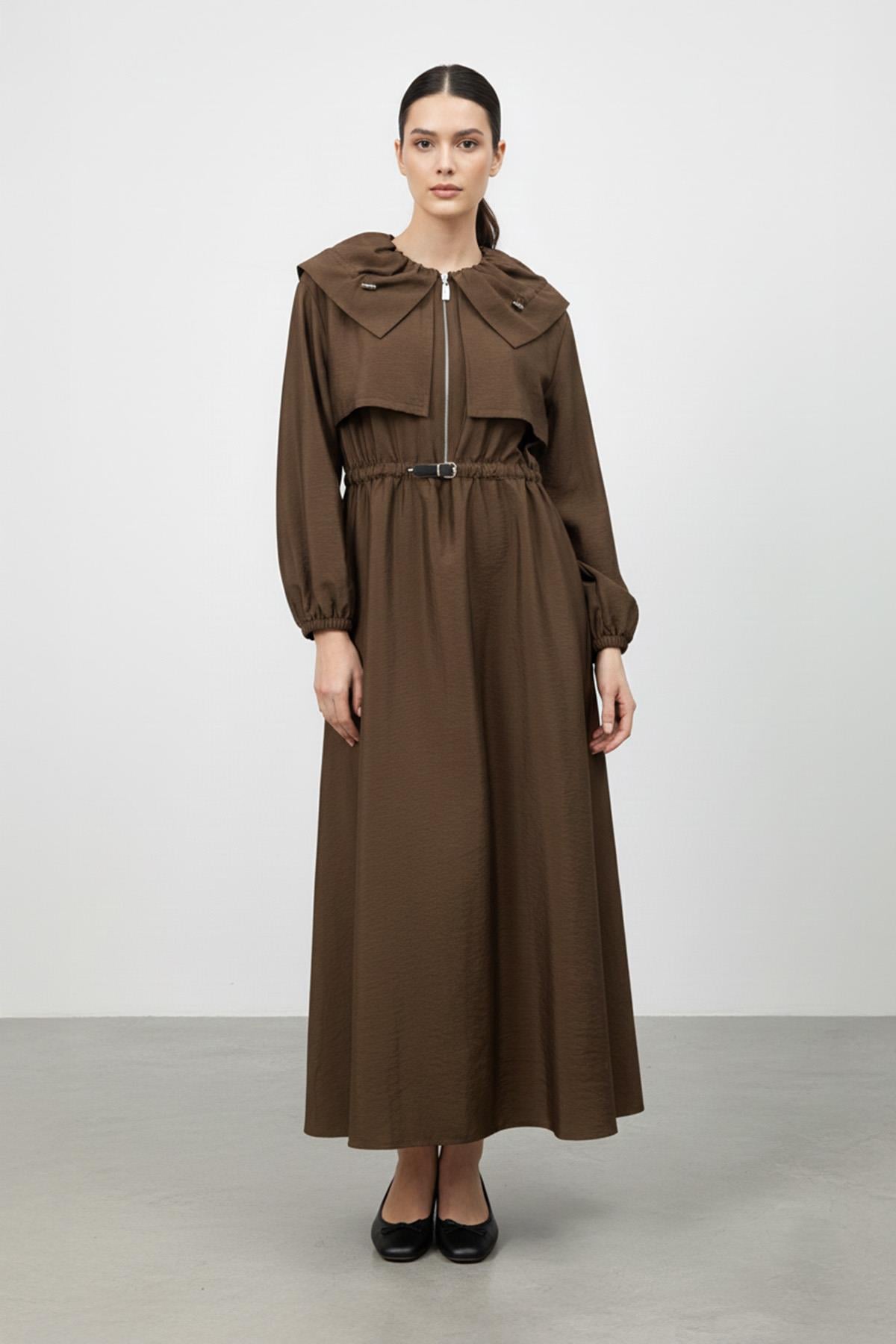 Kadın Fermuarlı Belden Kemerli Uzun Elbise-32451 - BROWN