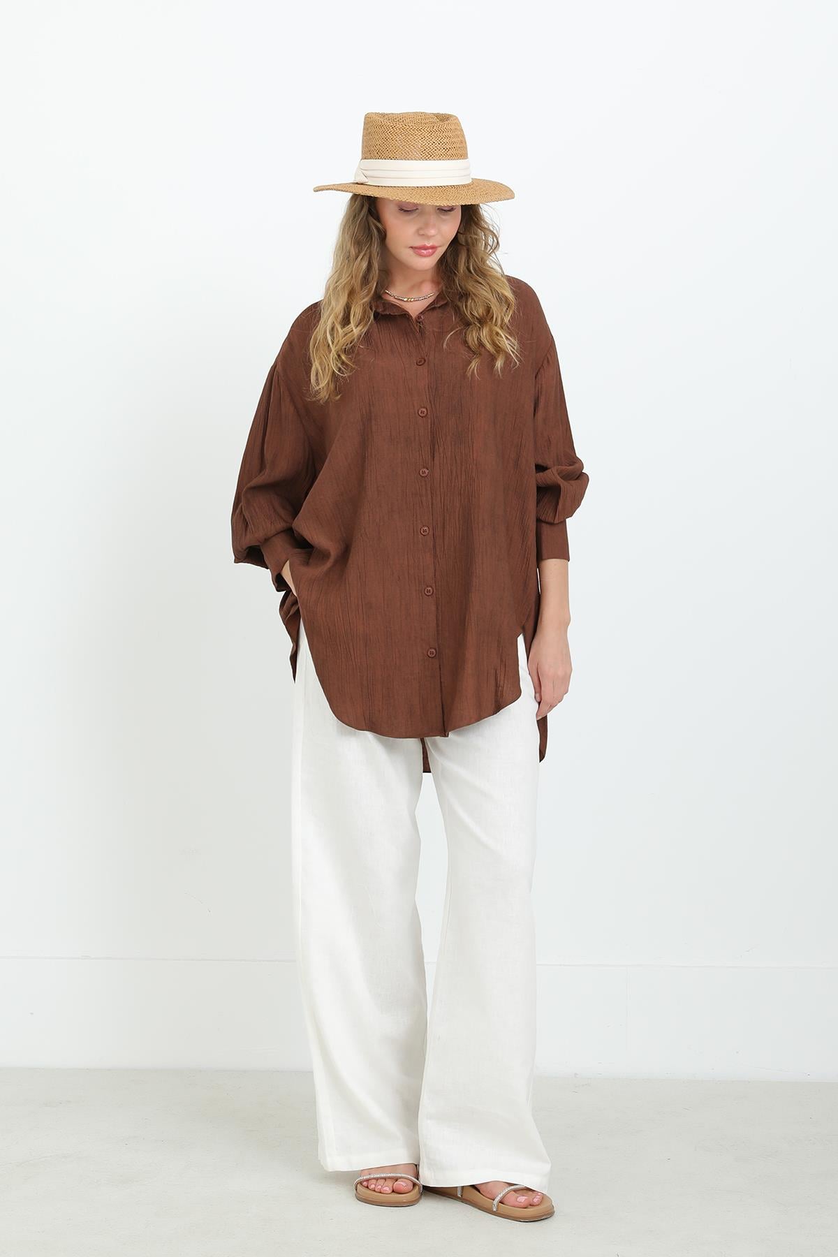 Kadın Manşetli Ve Arkası Robalı Kısa Gömlek Tunik - 10638GML - BROWN