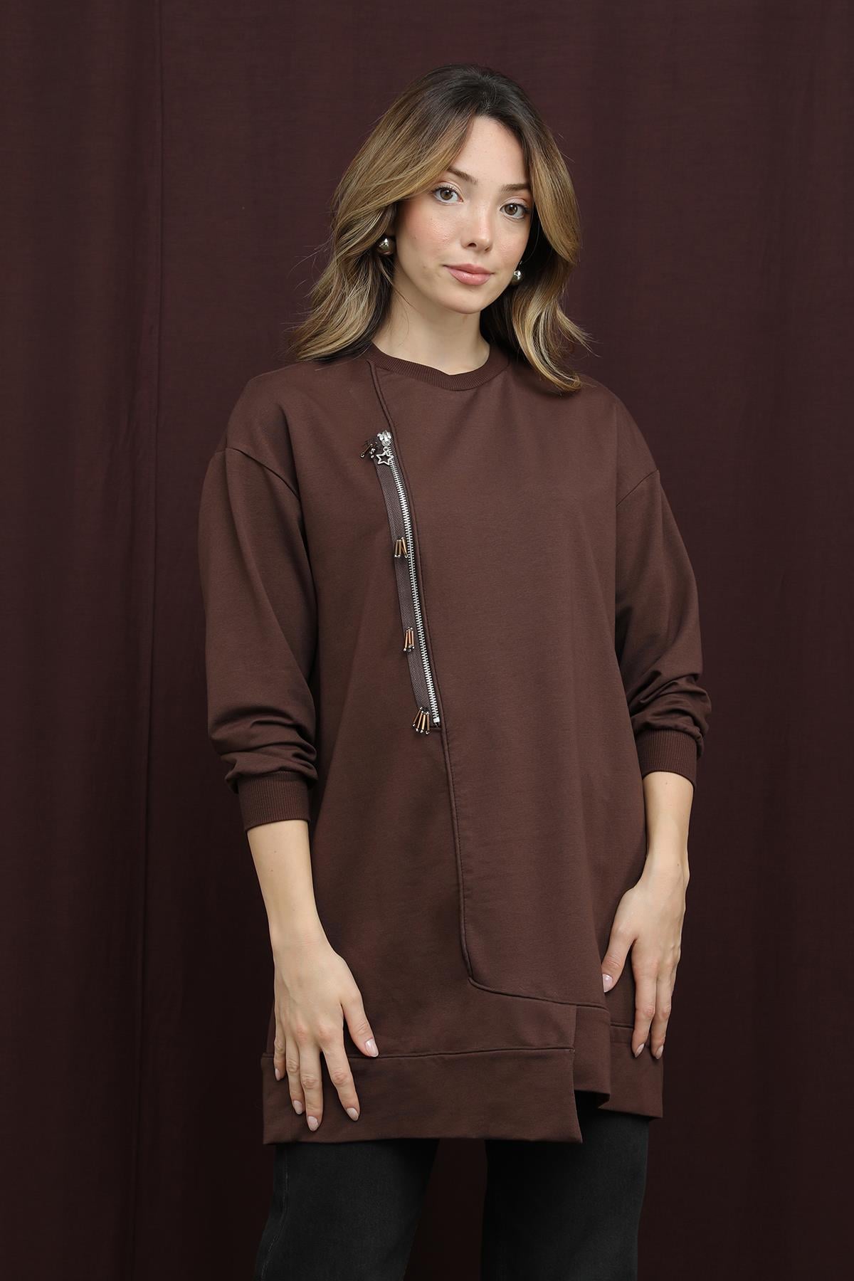 Kadın İşlemeli ve Fermuarlı Tunik - 10735TUN - BROWN