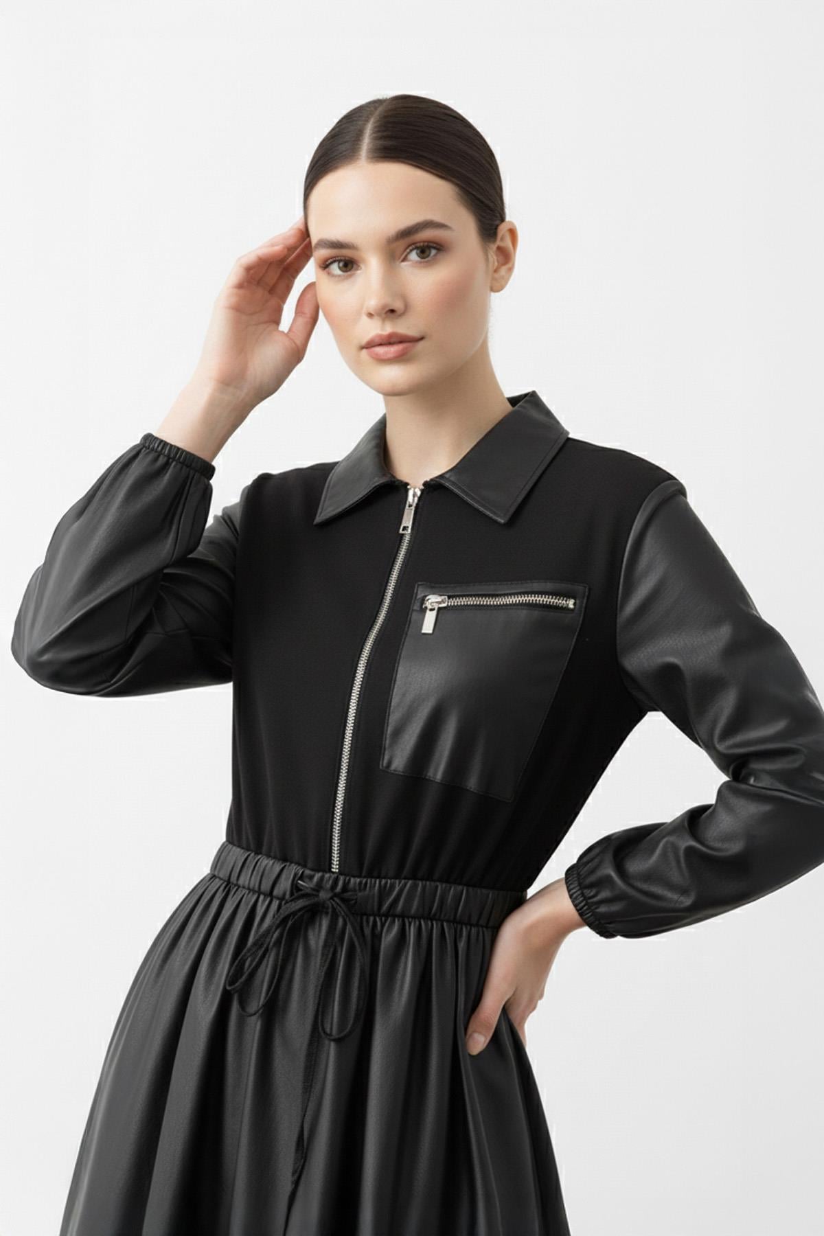 Fermuarlı Deri Görünümlü Uzun Elbise-12663 - BLACK