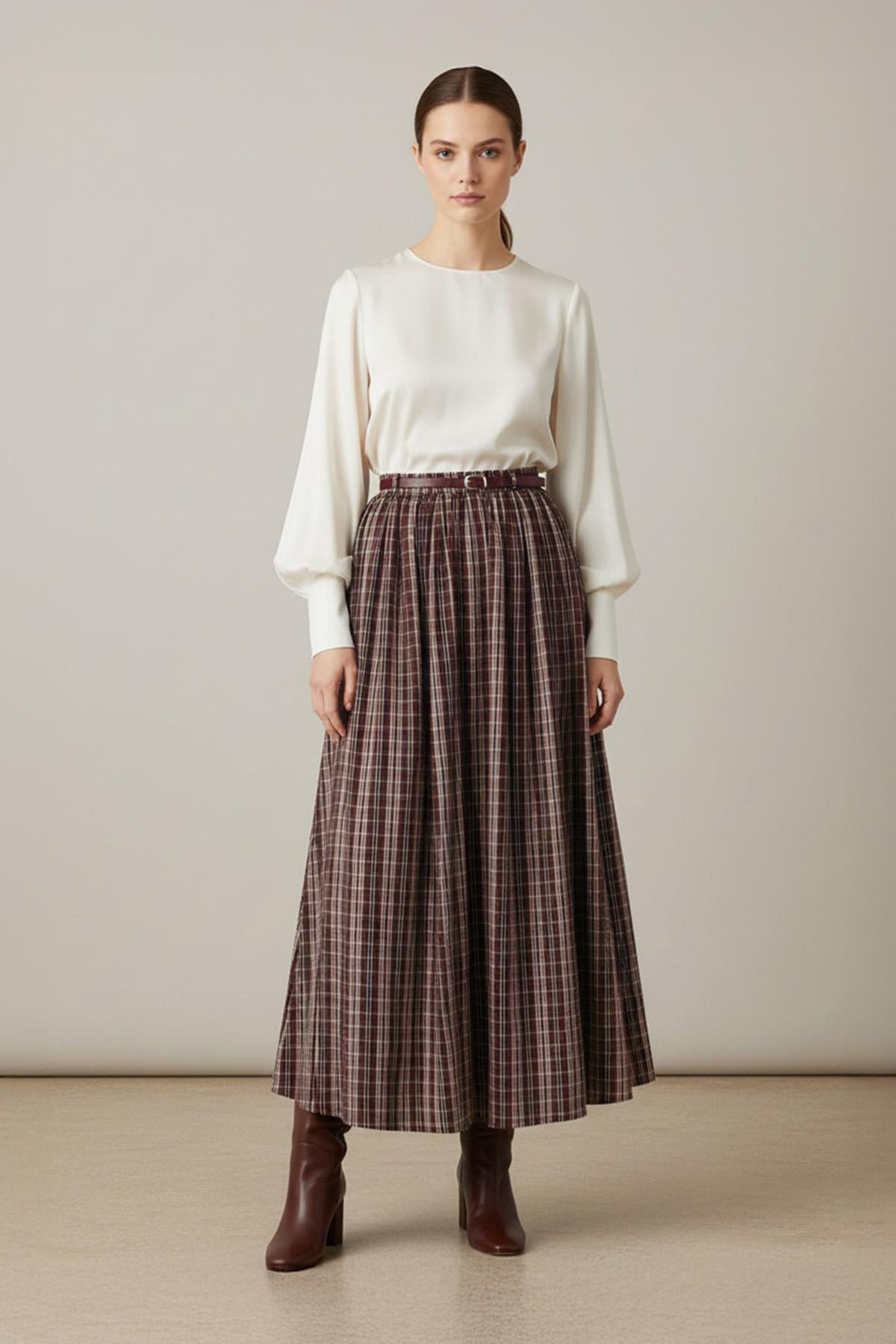 Kadın Ekose Etek  -  32418ETK - BURGUNDY
