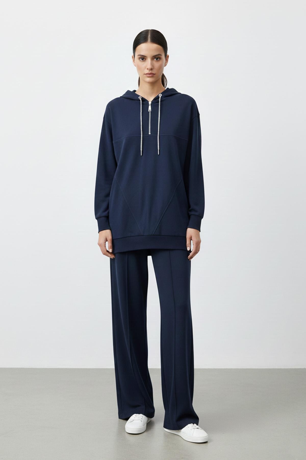 Kadın Rahat Kesim Kapüşonlu Sweatshirt ve Pantolon Takımı-14411 - NAVY