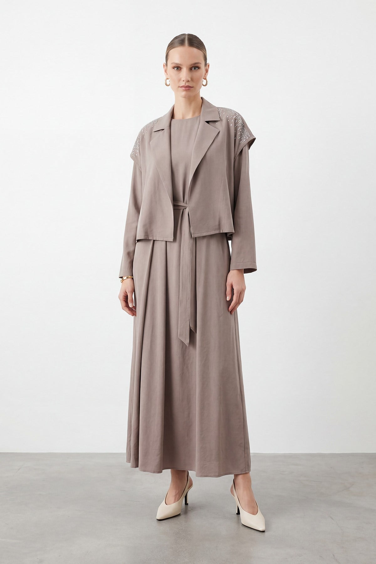 Kadın Taş İşlemeli Yelek Detaylı İkili Elbise – 12683ELB - MINK