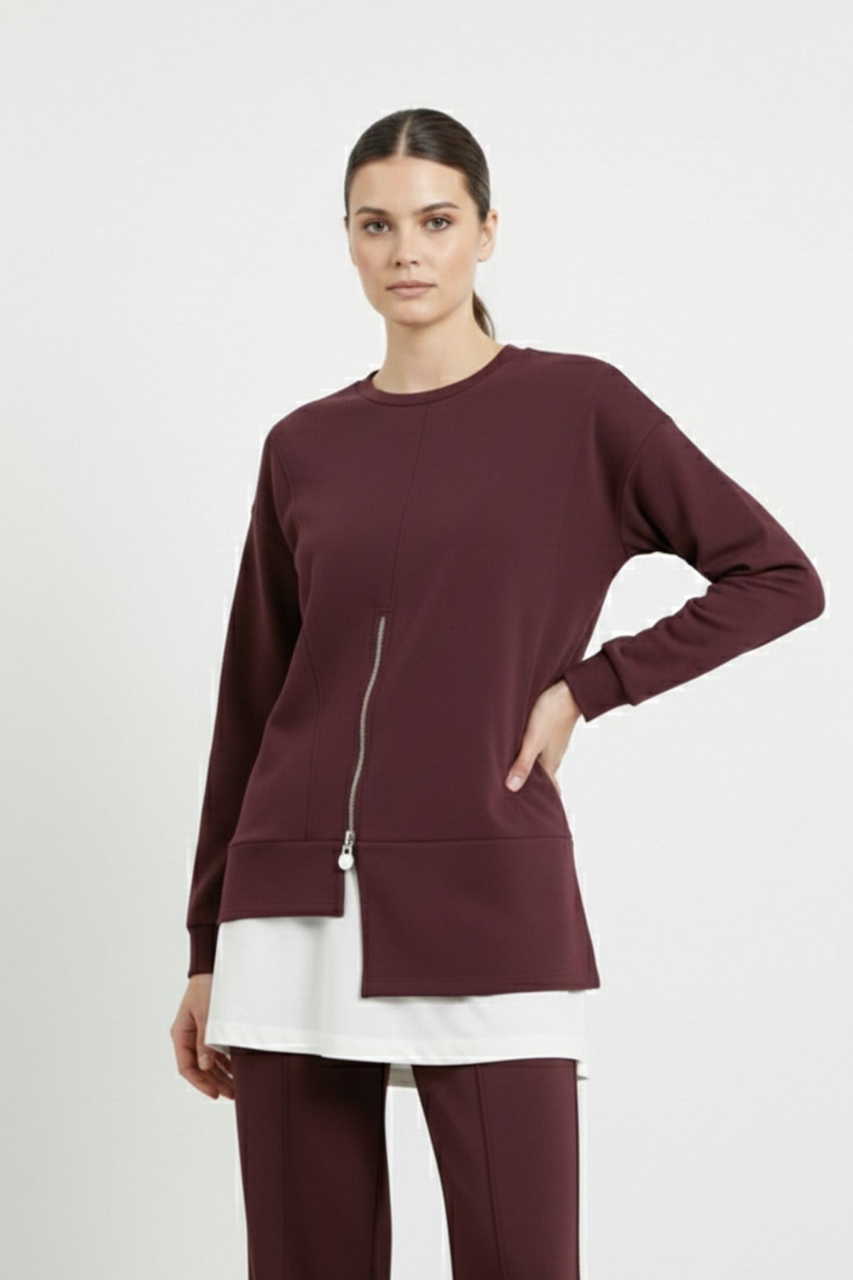 Kadın Fermuar Detaylı Tunik Pantolon Takımı-14438TKS - BURGUNDY