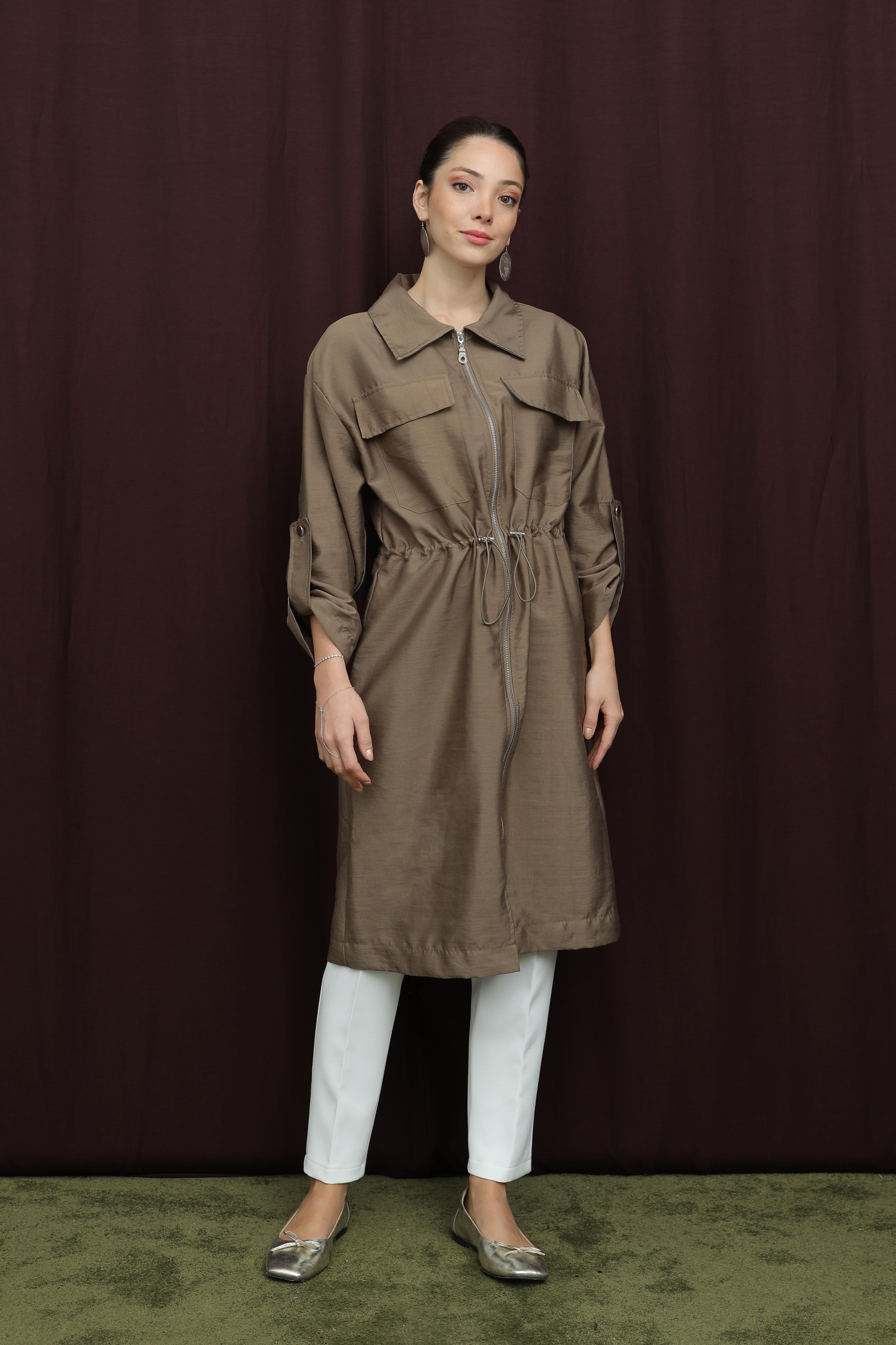 Kadın Cep Detaylı Beli Tünelli Kap - 15227MNT - MINK