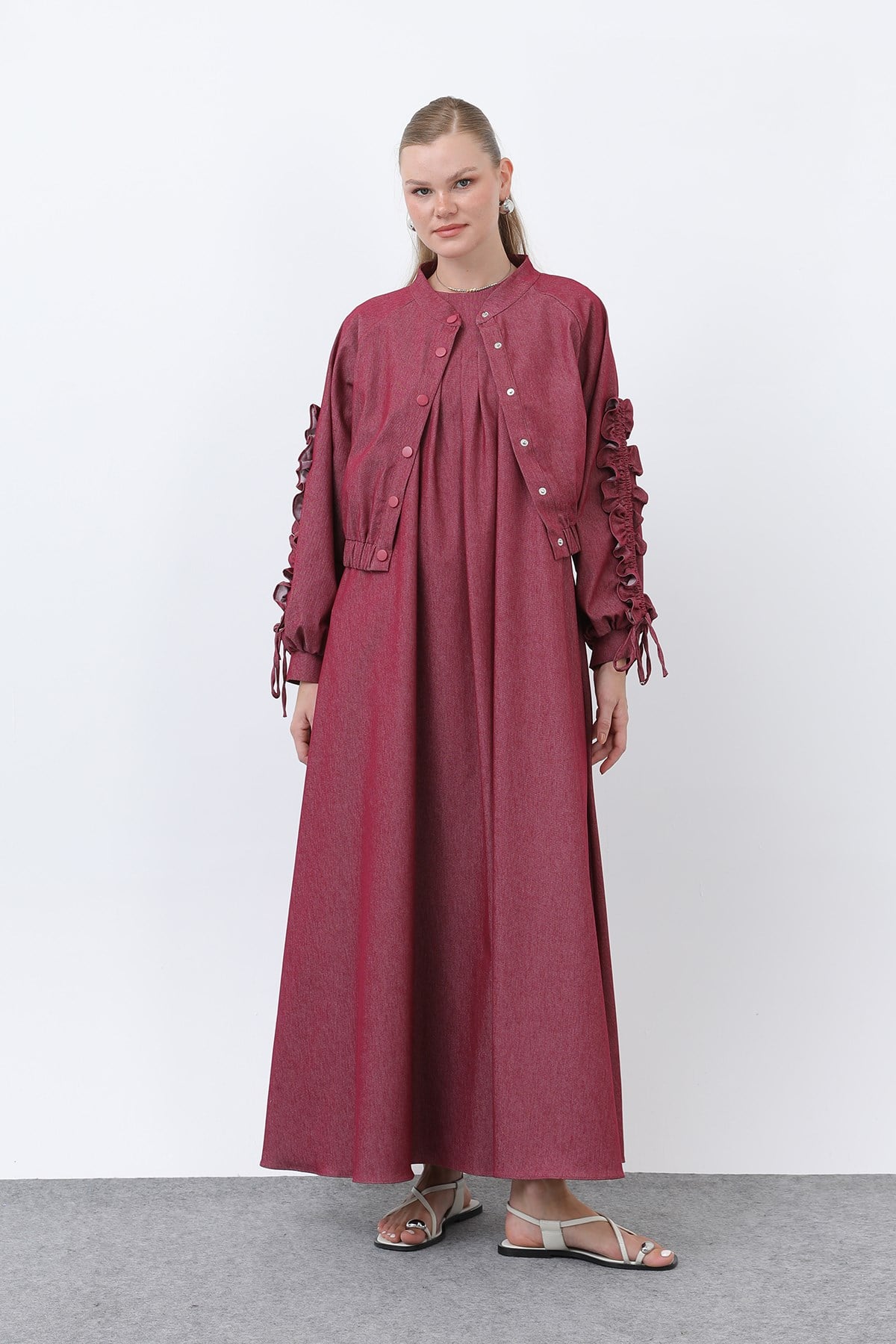 Kadın Kolları Volan Detaylı Ceket Elbise Takım -20654TKS - BURGUNDY