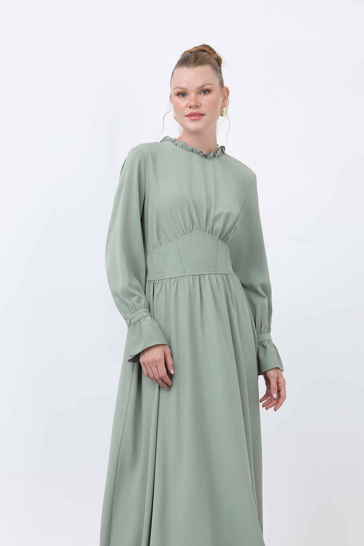 Kadın Beli Korsajlı Yakasıl Detaylı Elbise -12614ELB - ALMOND GREEN