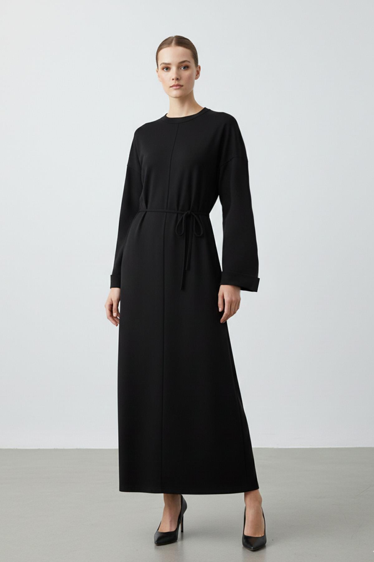 Kadın Basic Bel Detaylı Uzun Kollu Scuba  Elbise-12672ELB - BLACK