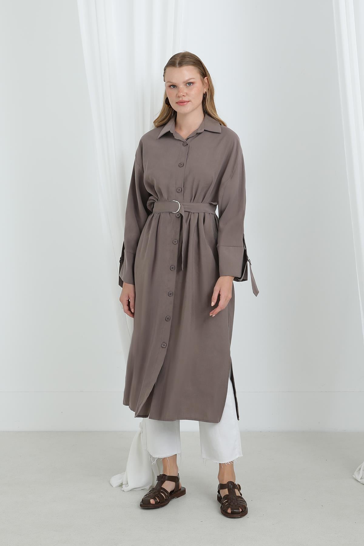Kadın Kuşaklı Düğmeli Oversize Tunik -10700TUN - MINK