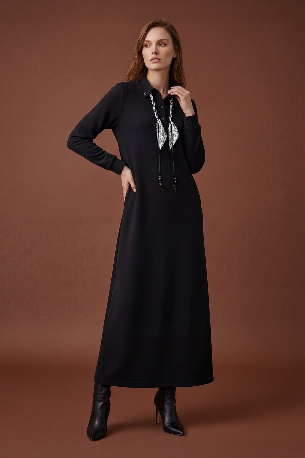 Kadın Fular Detaylı Polo Yaka Rahat Kesim Uzun Elbise – 12666ELB - BLACK