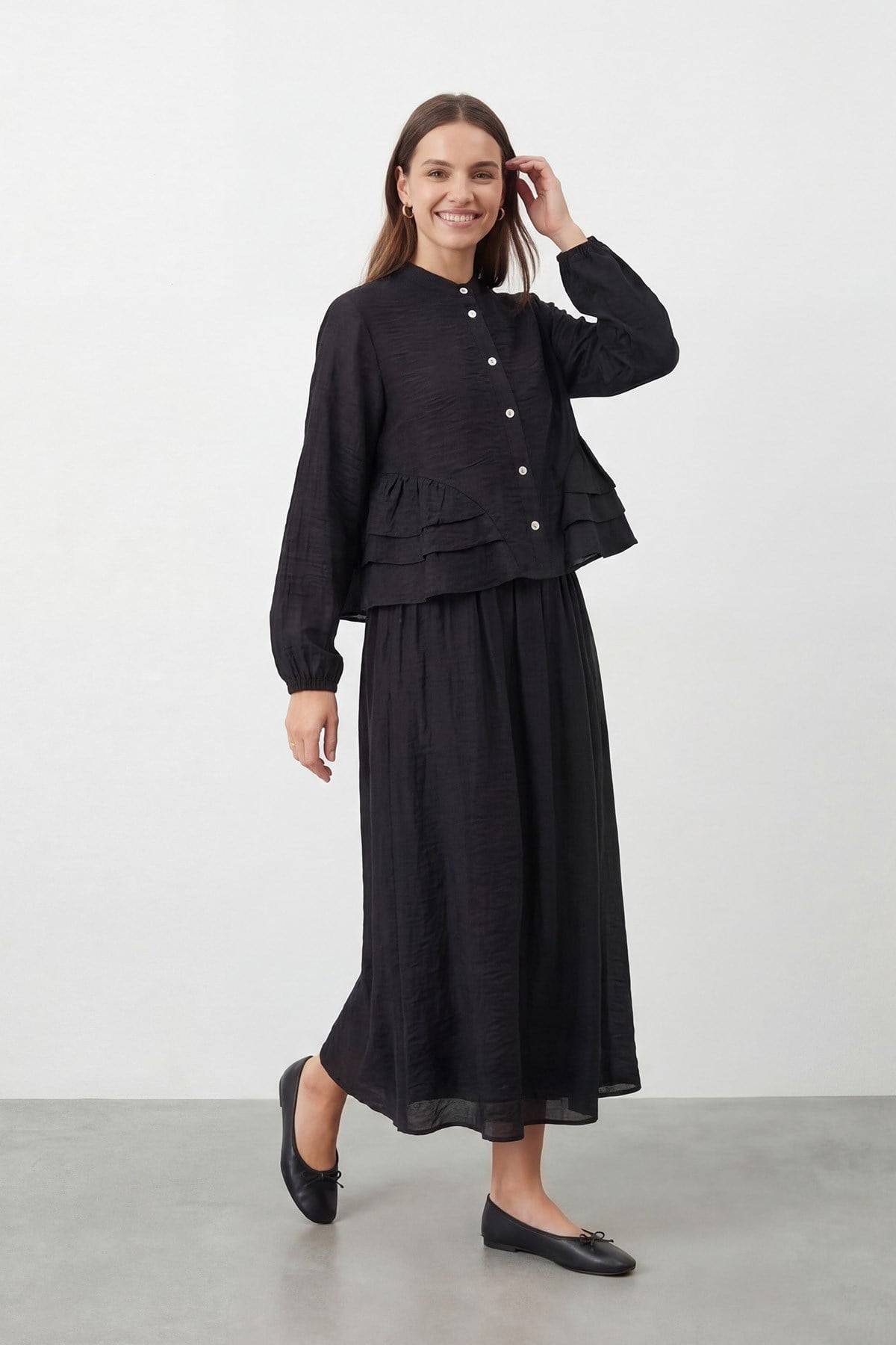 Kadın Hakim Yaka Fırfır Detaylı Tencel Tunik Etek Takım – 32502TKS - BLACK
