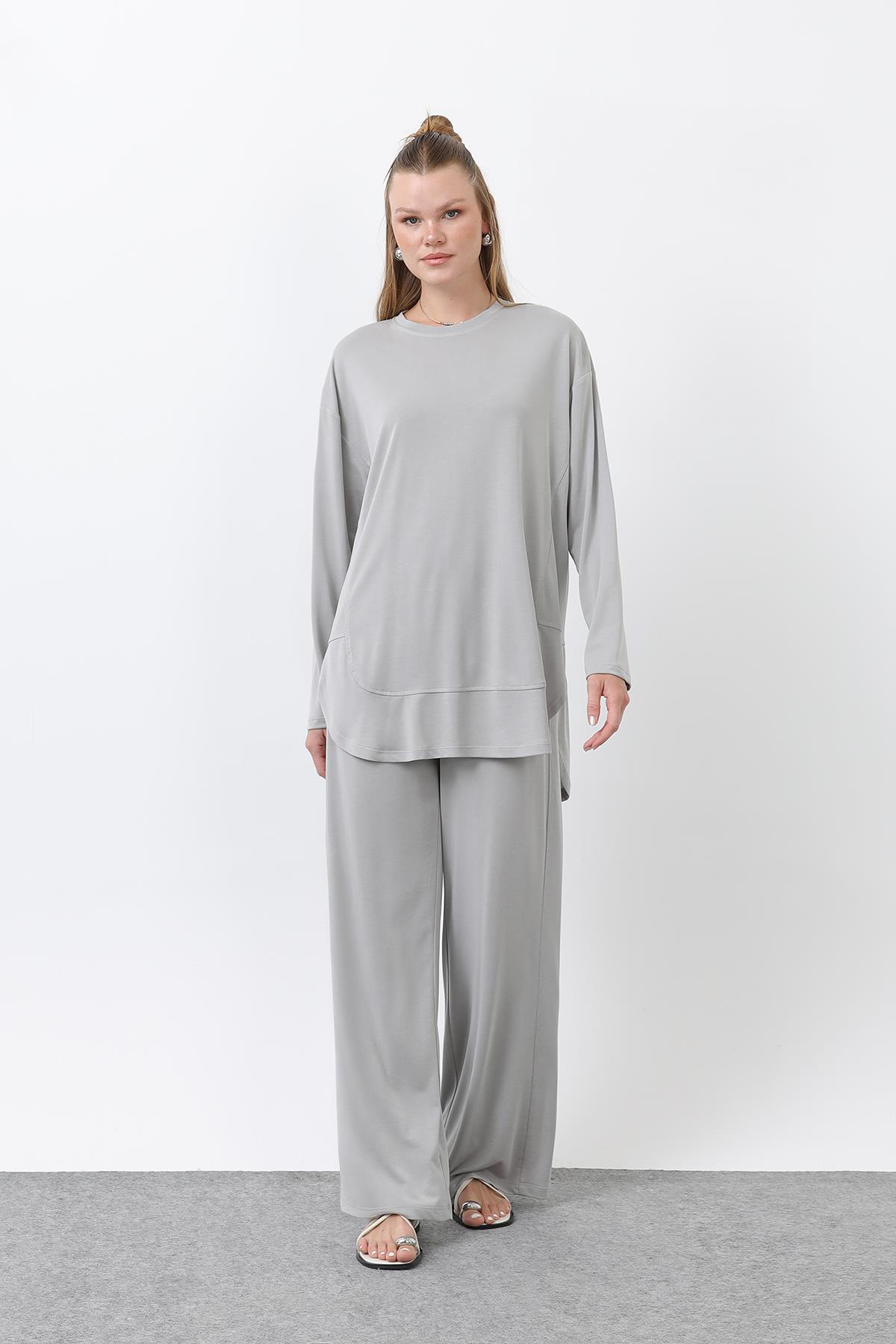 Kadın Önü Dikiş Detaylı Pantolonlu Takım - 14344TKS - GREY