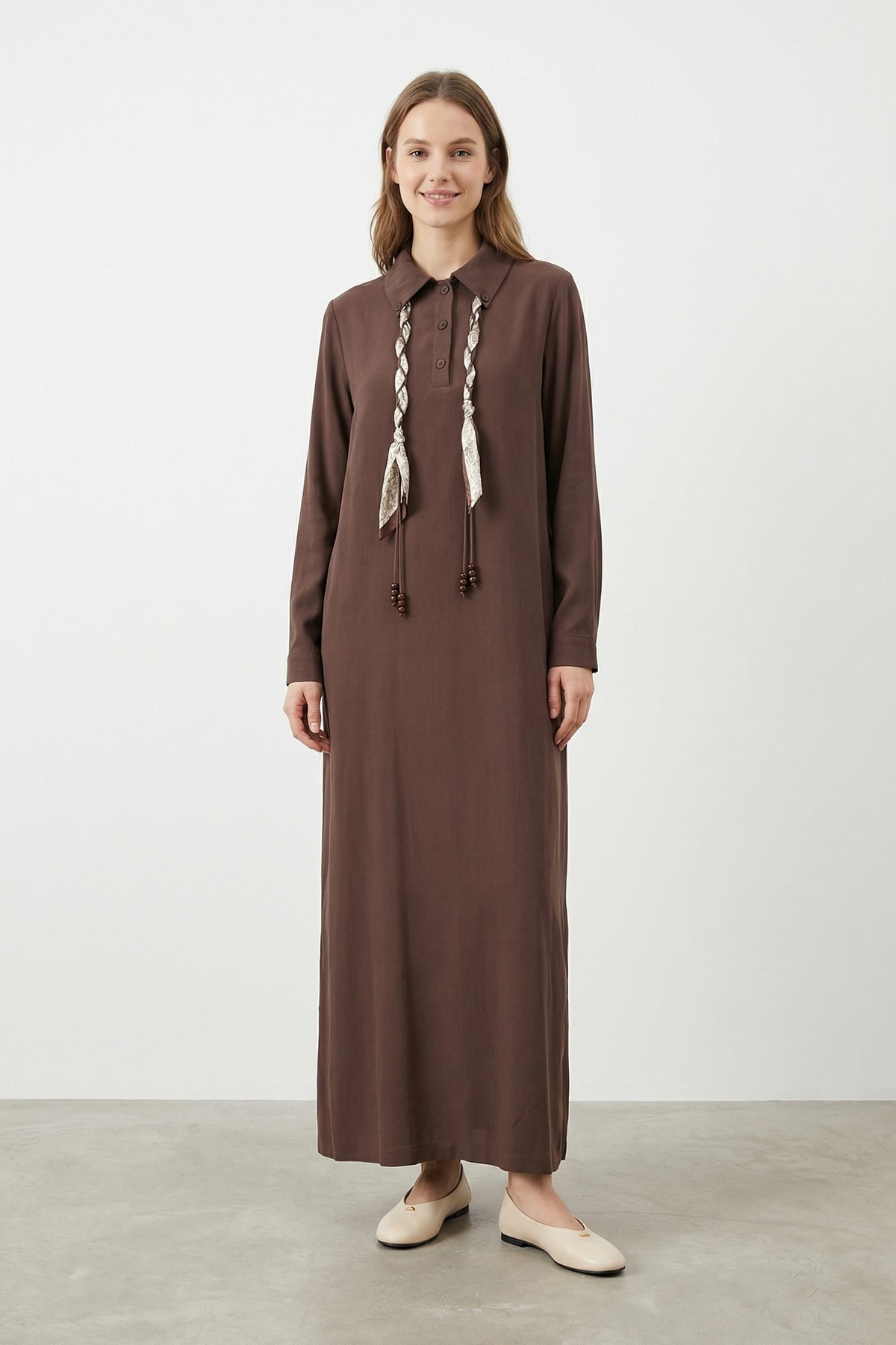 Kadın Fular Detaylı Uzun Elbise – 12692ELB - BROWN