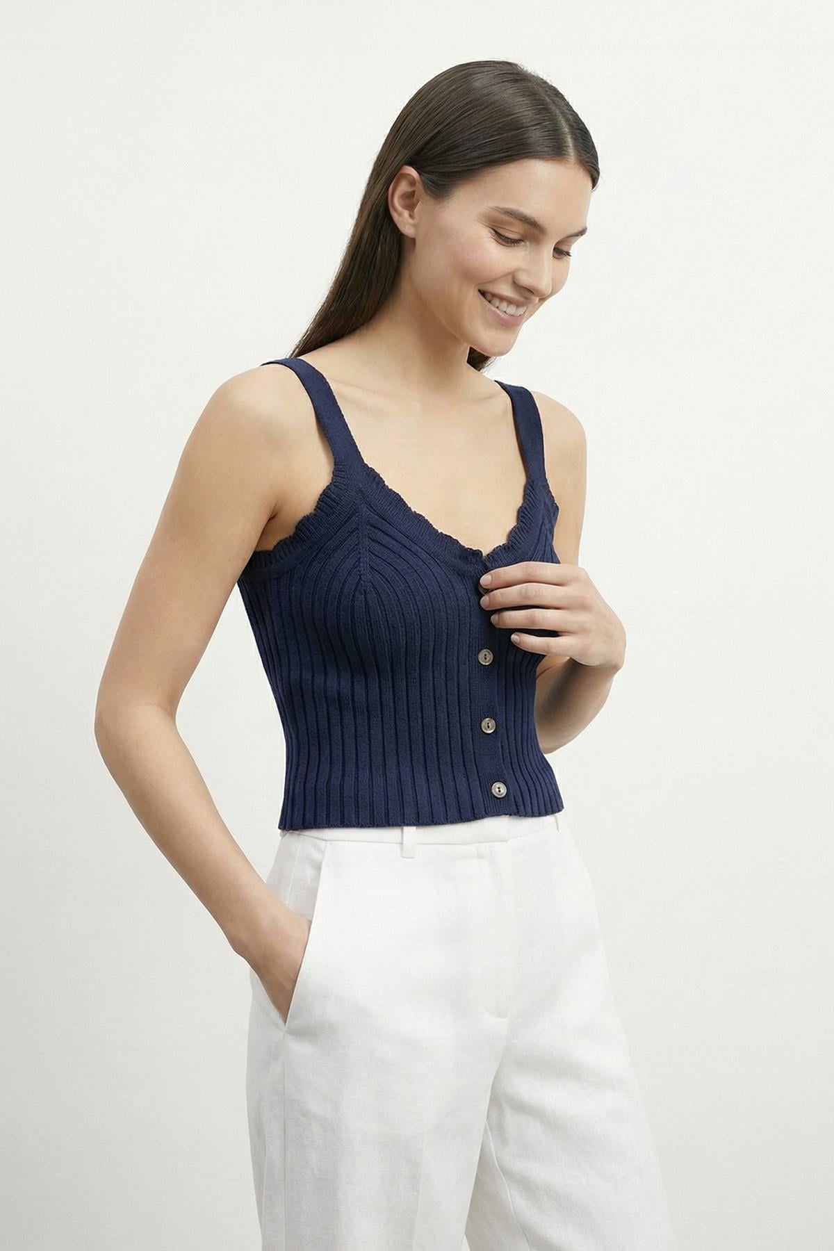 Kadın Askılı Triko Bluz  - 31725BLZ - NAVY