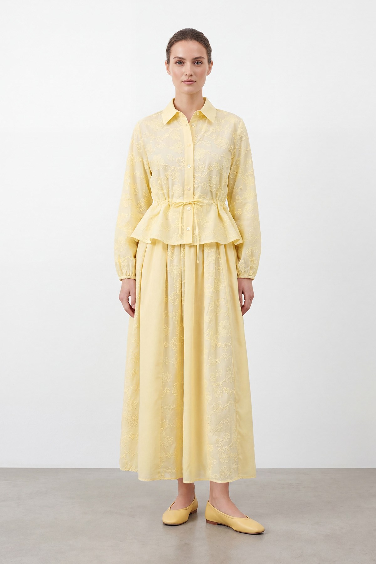 Kadın Naturel Dokulu  Brode Etekli Takım -14505TKS - YELLOW