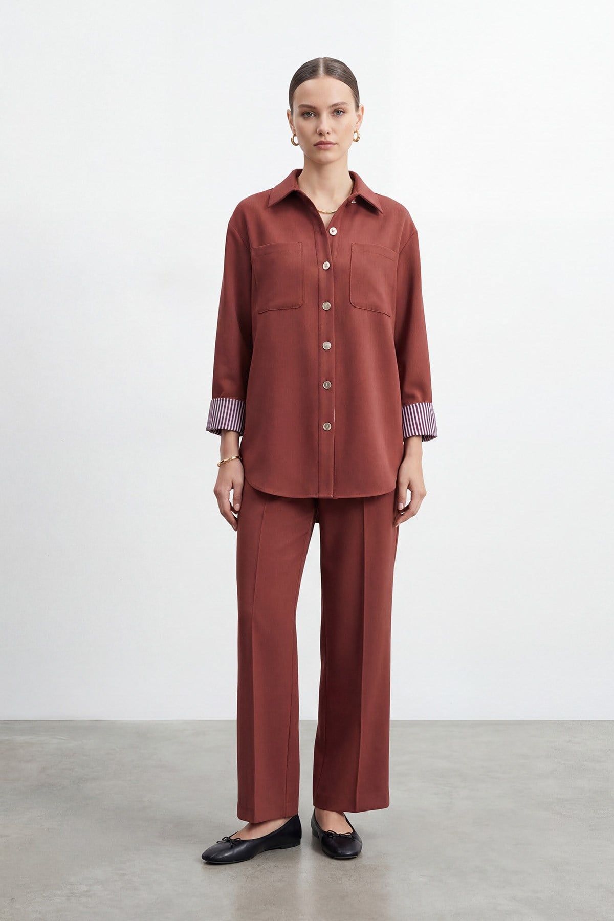 Kadın Gömlek Yaka Garni Detaylı Tunik Pantolon Takım – 14464TKS - BURGUNDY
