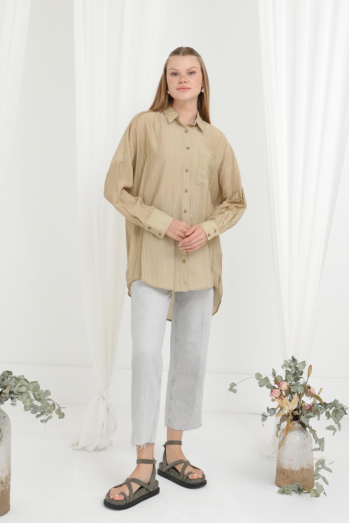 Kadın Sedef Düğmeli Arkası Roba Detaylı Gömlek - 20645GML - OLIVE