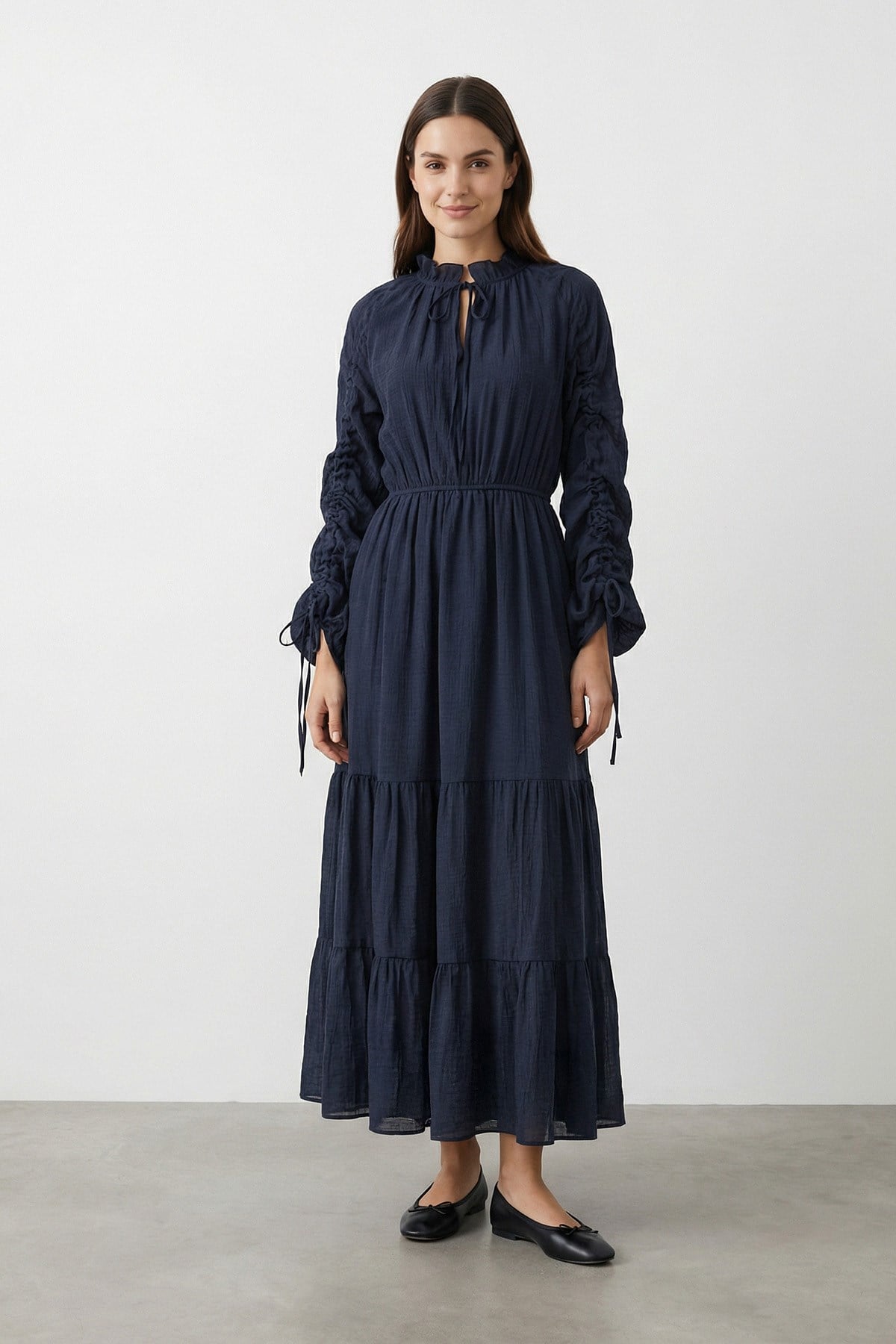 Kadın Büzgü Kol Detaylı  Uzun Elbise – 32464ELB - NAVY