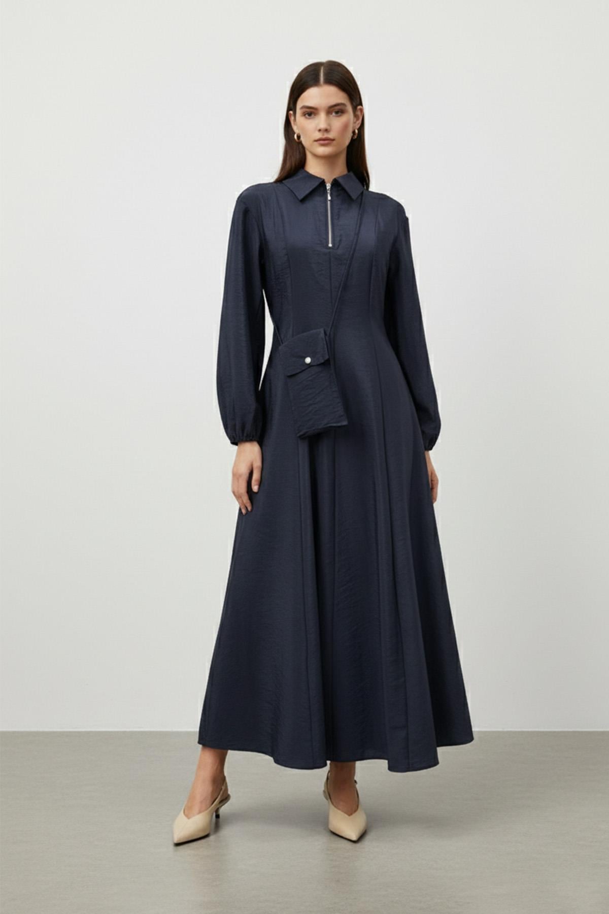 Kadın Uzun Kollu Fermuarlı Uzun Elbise-32448ELB - NAVY