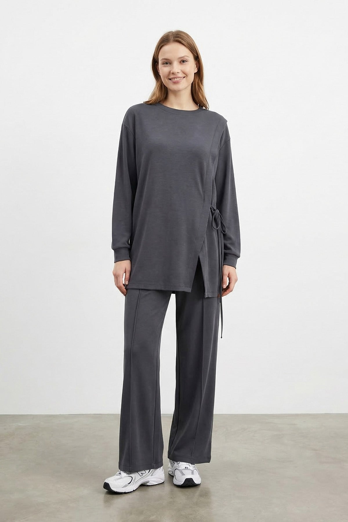 Kadın Yan Bağlama Detaylı Bisiklet Yaka Tunik Pantolon Takım – 14479TKS - BLACK