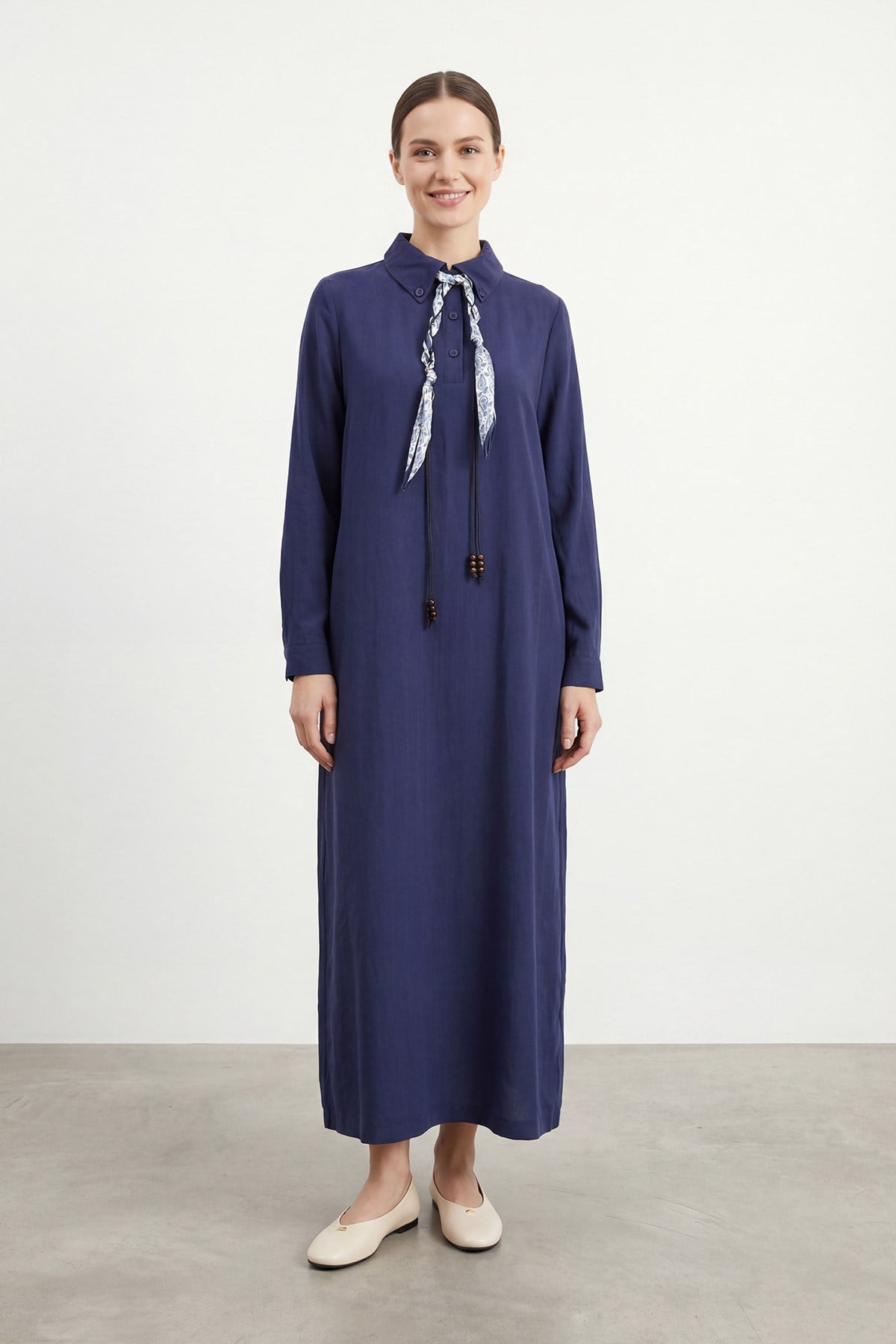 Kadın Fular Detaylı Uzun Elbise – 12692ELB - NAVY