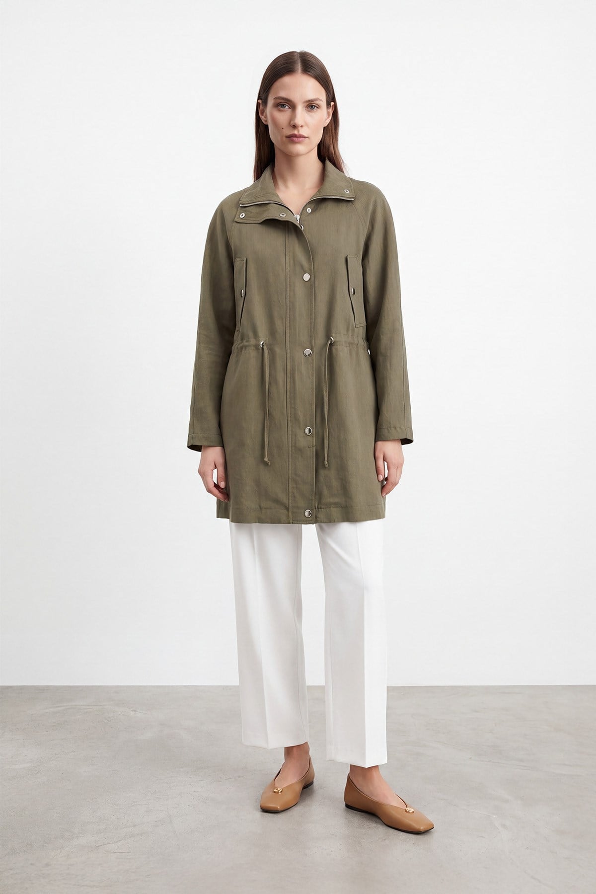 Kadın Beli Büzgülü Çıtçıtlı Hafif Trenç Ceket – 26S-15263CKT - KHAKI