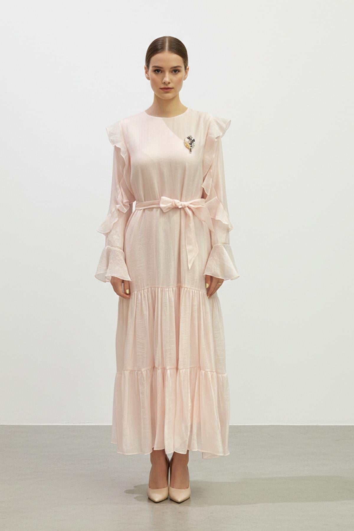 Fırfır Kollu Kuşaklı Kat Kat Uzun Elbise-12673 - PINK